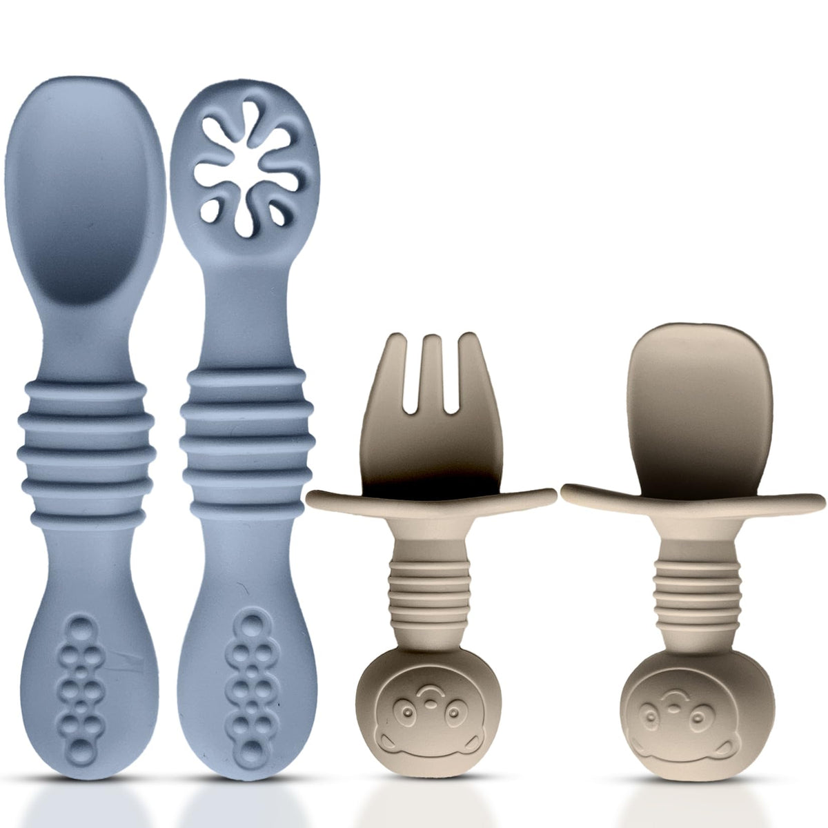 HippoBaby - Cucharas de silicona para bebé, 4 piezas, utensilios autoalimentables para bebé, 6-12 meses, 3 cucharas para bebé, 1 tenedor para bebé, juego de cubiertos para niños pequeños, sin BPA