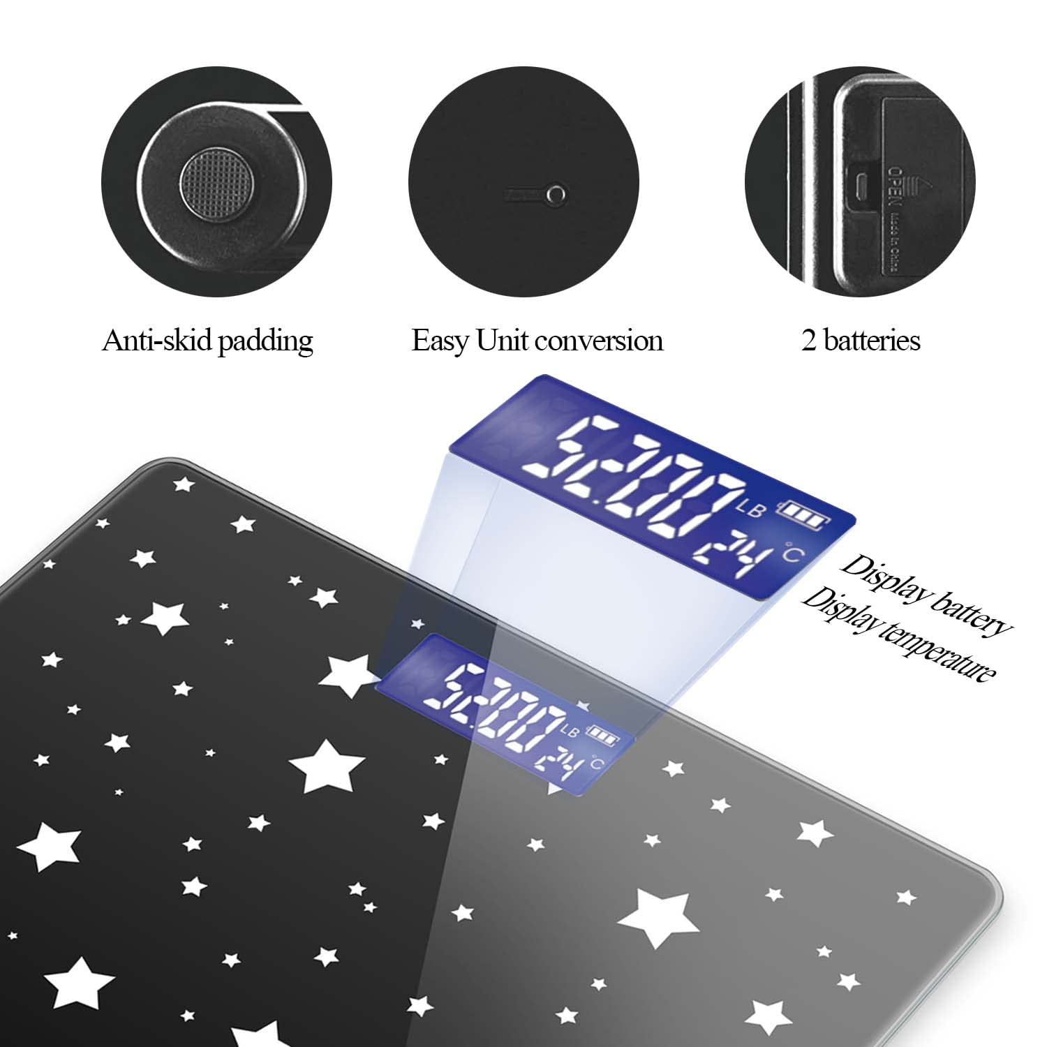 Báscula digital de baño para peso corporal de 400 libras, báscula digital personalizada con pantalla retroiluminada, fácil de leer (batería no incluida), estrellas en blanco y negro