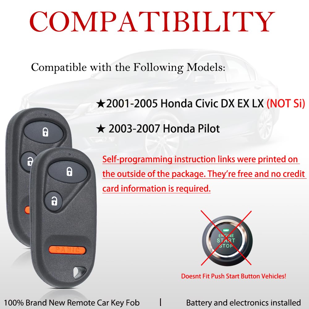 MechanMagic - Llave de repuesto para Honda Civic DX EX LX/Honda Pilot 2001 2002 2003 2004 2005 2006 2007 NHVWB1U523 Control remoto de entrada sin llave NHVWB1U521 72147-S5A-A01 (paquete de 2 (paquete