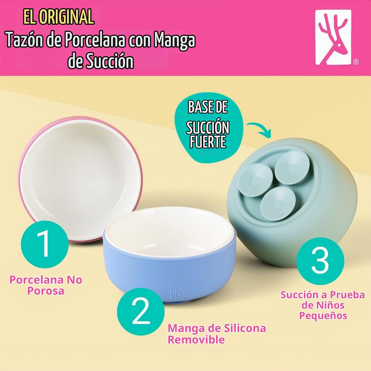 Elk and Friends Cuencos de porcelana para niños con manga de succión de silicona | Alimentación para niños/bebés/niños pequeños | Apto para microondas y lavavajillas | Antideslizante | Platos y