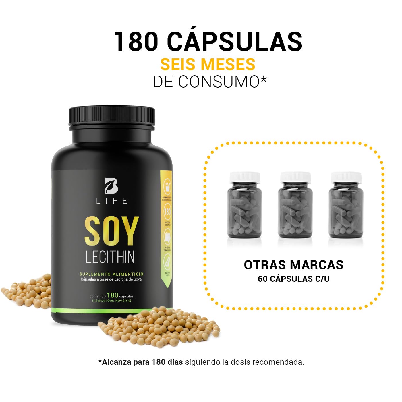 Lecitina de Soya de 180 Cápsulas blandas de 1200 mg. Ingredientes naturales. Soy Lecithin B Life.