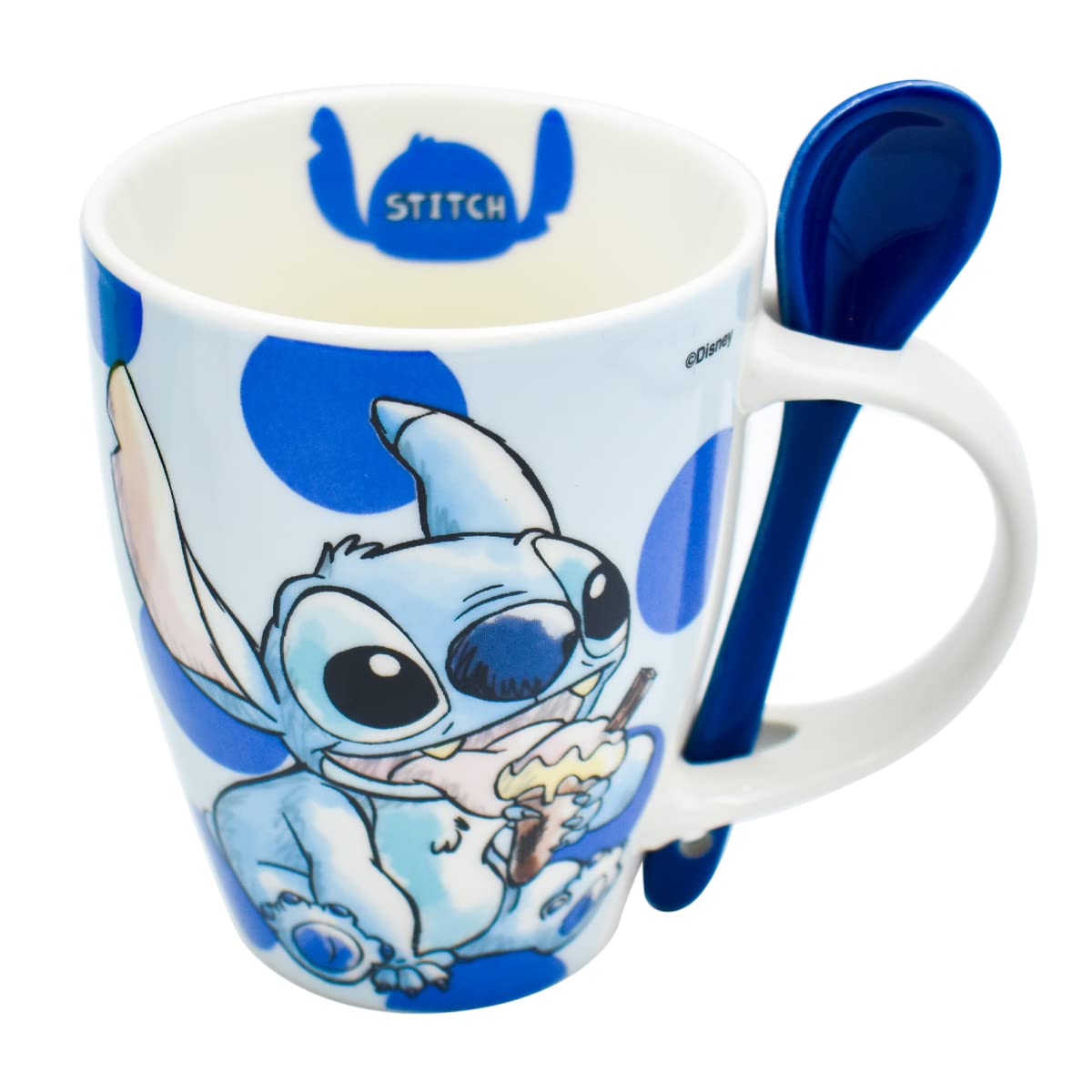 Fun Kids 1738-252 Set de Tazas para Pareja, Taza para Café, Té o Infusiones de Cerámica, Tarro Disney con Diseño Original Stitch y Angel con Cuchara y Caja de Regalo de 410 mililitros, Color Azul y Rosa