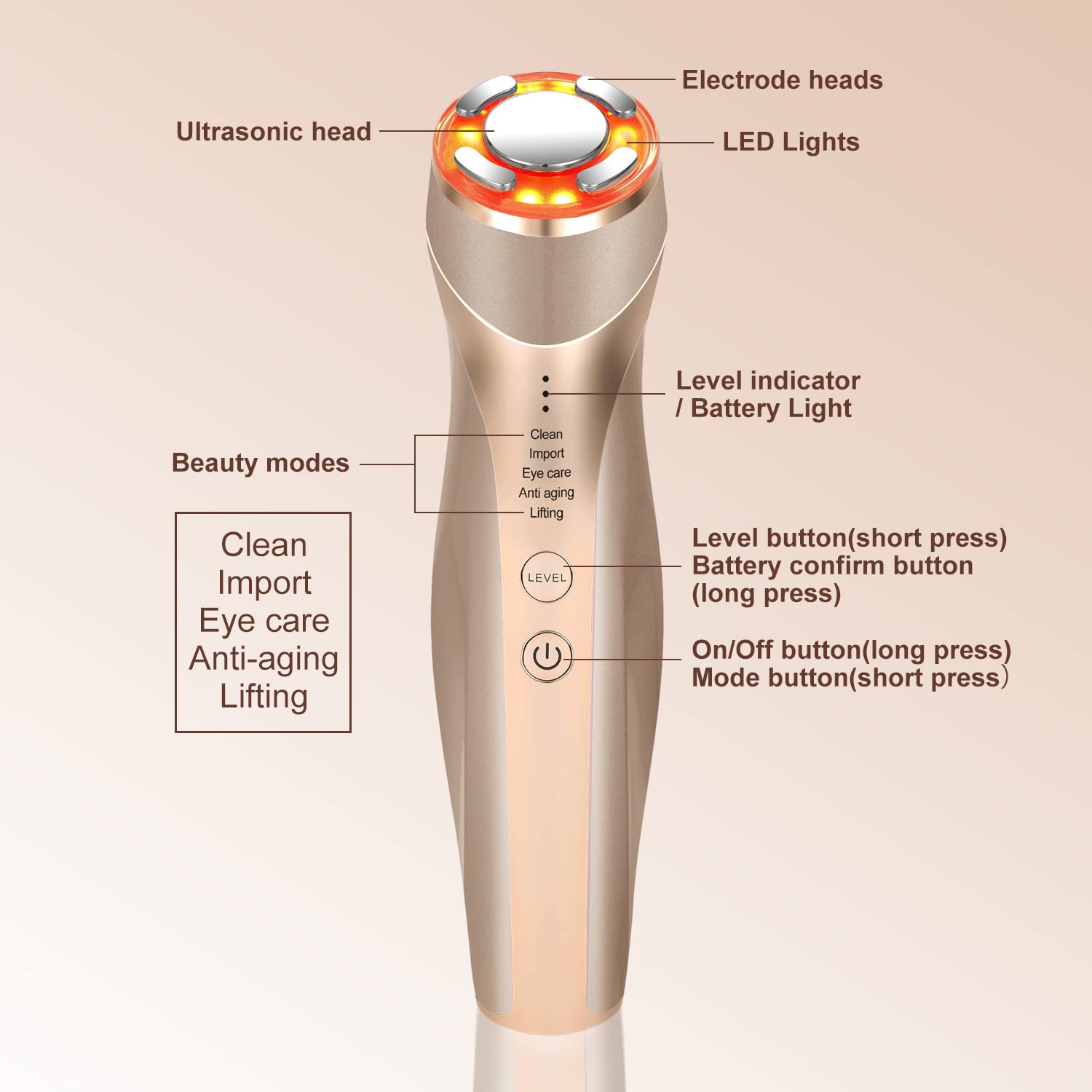 Máquina facial de alta frecuencia, 5 en 1 masajeador facial multifuncional de ajuste de la piel, máquina de terapia de luz para la cara