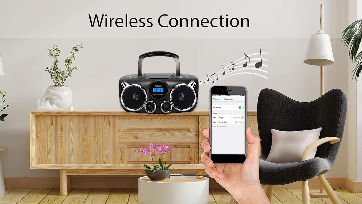 Reproductor de CD RIPTUNES Negro con Sonido Estéreo Bluetooth y Graves Mejorados