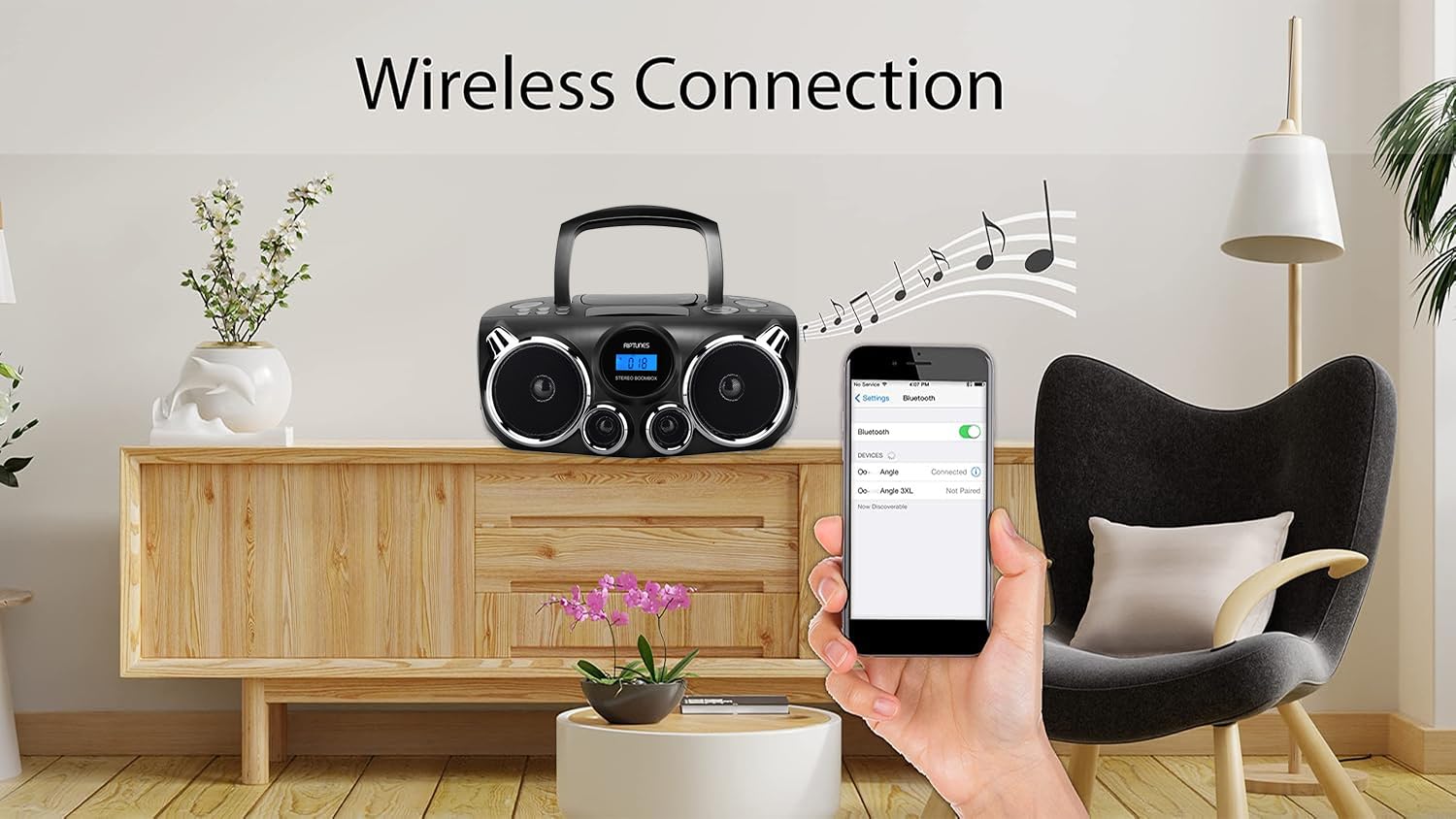 Reproductor de CD RIPTUNES Negro con Sonido Estéreo Bluetooth y Graves Mejorados