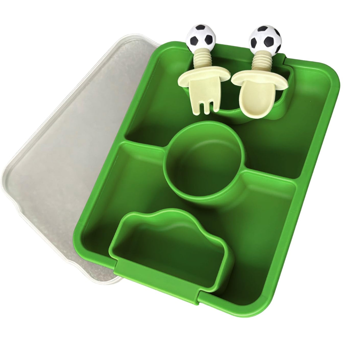 Juego de platos y utensilios de silicona para bebé, vajilla dividida de succión fuerte con tapa, tenedor y cuchara, esenciales de alimentación de grado alimenticio sin BPA, regalo temático de fútbol