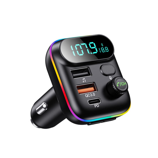 Adaptador Bluetooth 5.0 QC3.0 + PD 20W con Reproductor de Música MP3 y Transmisor de Radio FM Inalámbrico 7 Colores LED Retroiluminado