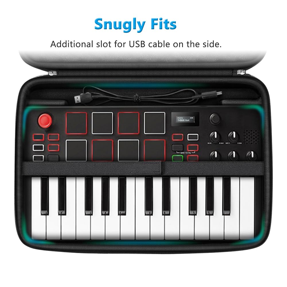 FINPAC Semi-Hard Carrying Case for AKAI Professional MPK Mini MKII & MK3 & MPK Mini Play | Alesis V Mini 25 Key USB MIDI Keyboard Controller Case with Cable Slot for Business, Travel (Black)