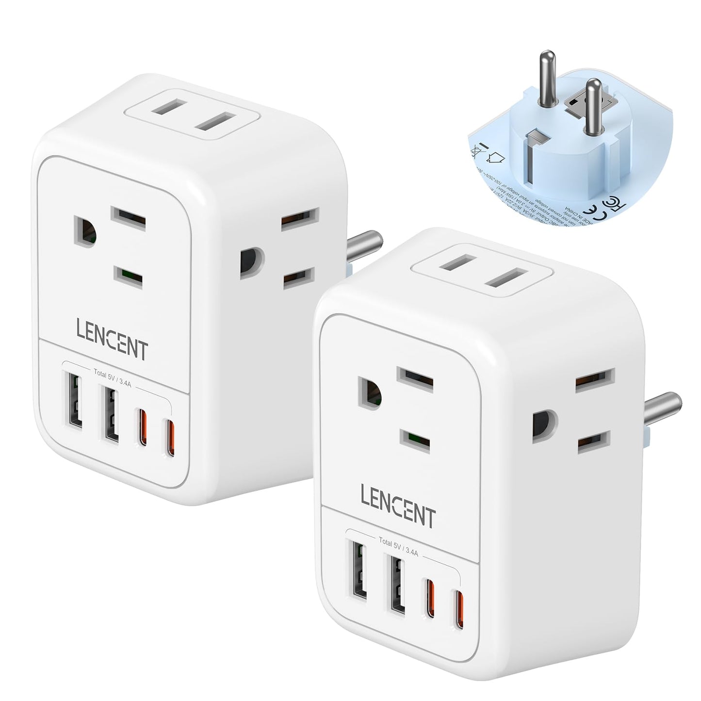 LENCENT 2X Adaptador de Viaje Enchufe Schuko Tipo E/F, Cargador con 4 Salidas CA y 4 Puertos USB (2 USB-C), Convertidor de Enchufe Americano a Alemán, para Europa Alemania, Francia, España