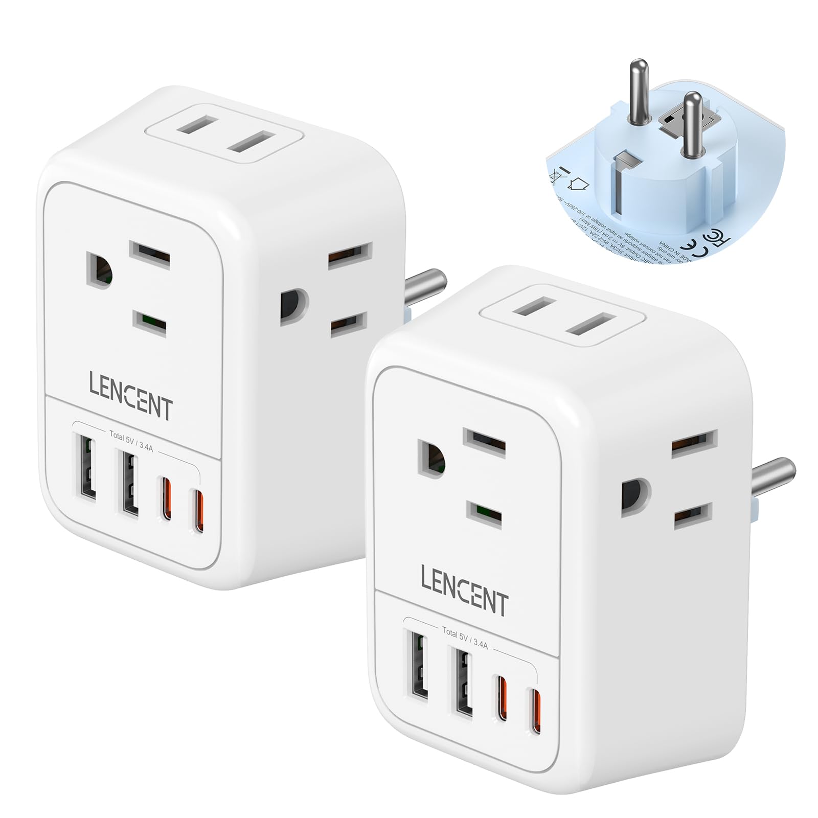 LENCENT 2X Adaptador de Viaje Enchufe Schuko Tipo E/F, Cargador con 4 Salidas CA y 4 Puertos USB (2 USB-C), Convertidor de Enchufe Americano a Alemán, para Europa Alemania, Francia, España