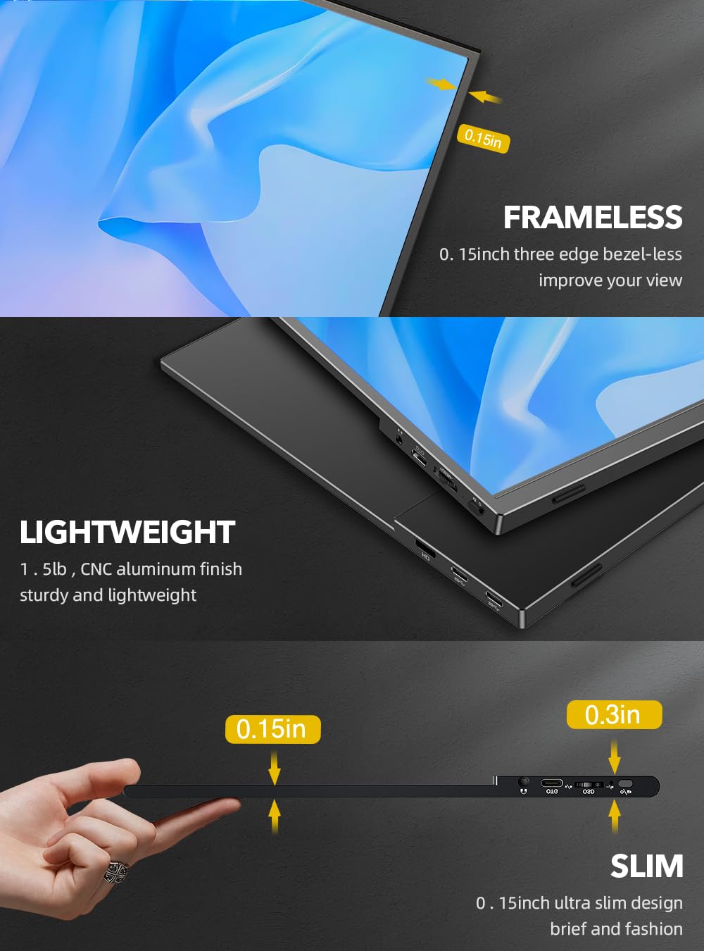 UPERFECT True 4K Monitor portátil, [nueva versión] UHD IPS 3840 x 2160 USB C, marco de metal único de arco, 100% Adobe RGB 600 Nits brillo, altavoz HDR FreeSync HDMI Tipo-C OTG con funda inteligente