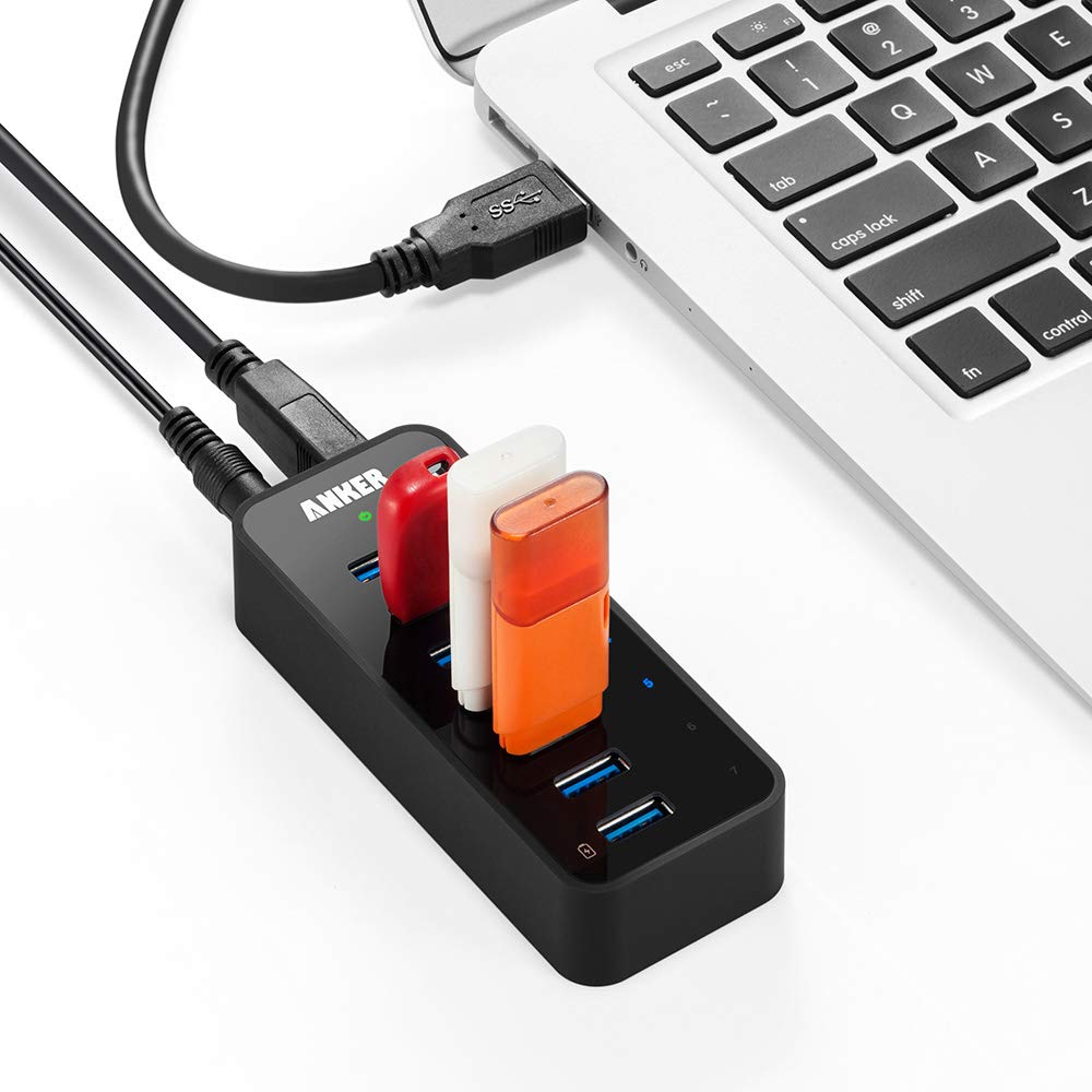 Hub USB Anker Negro 7 Puertos USB 3.0 con Adaptador de Corriente 36 W para Portátil