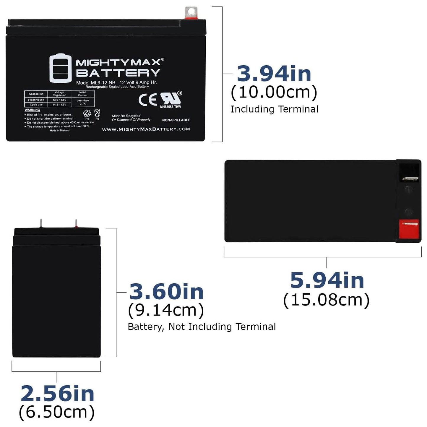 Batería Recargable SLA AGM Mighty Max Battery ML9-12NB 12 V 9 AH Tuerca y Tornillo Terminal