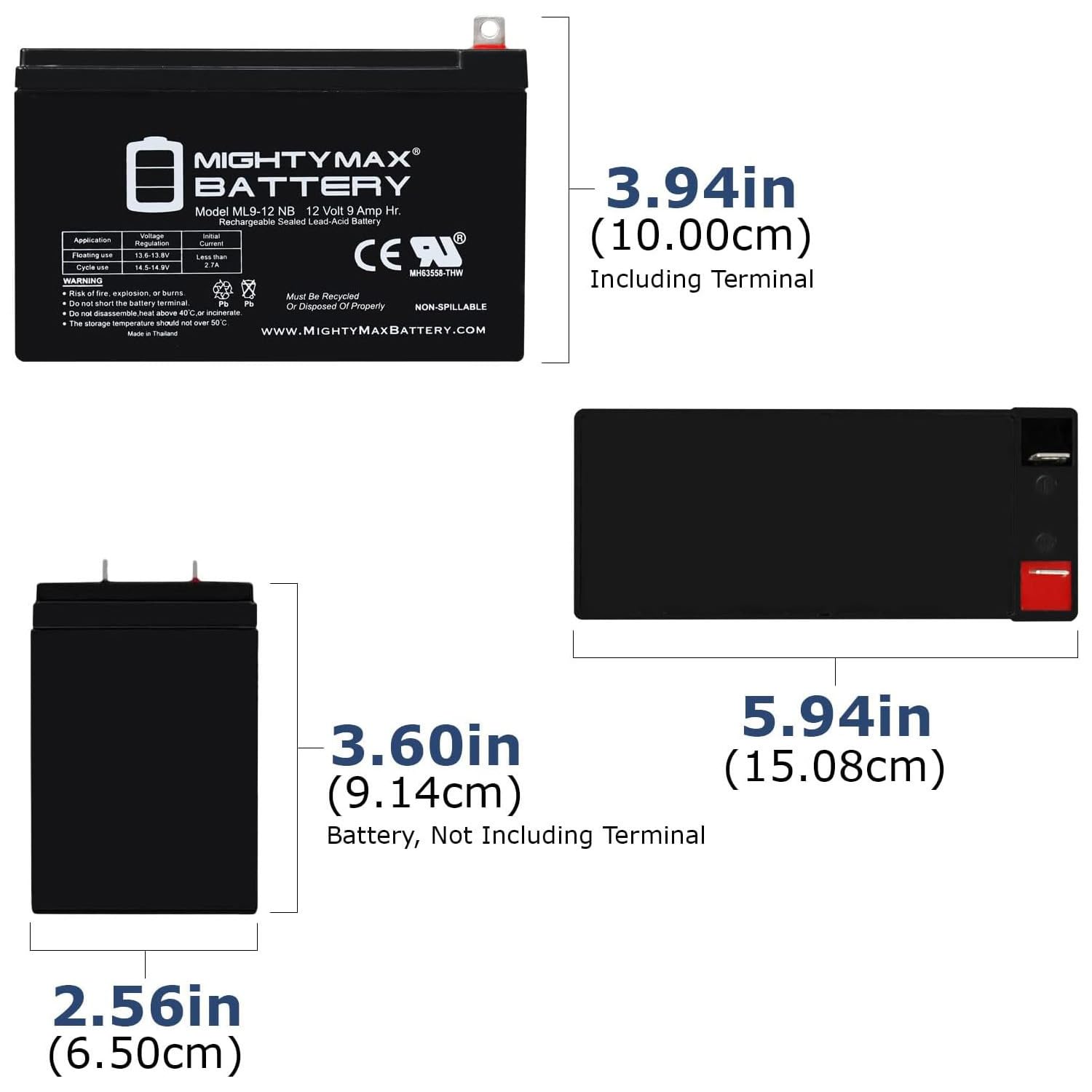 Batería Recargable SLA AGM Mighty Max Battery ML9-12NB 12 V 9 AH Tuerca y Tornillo Terminal