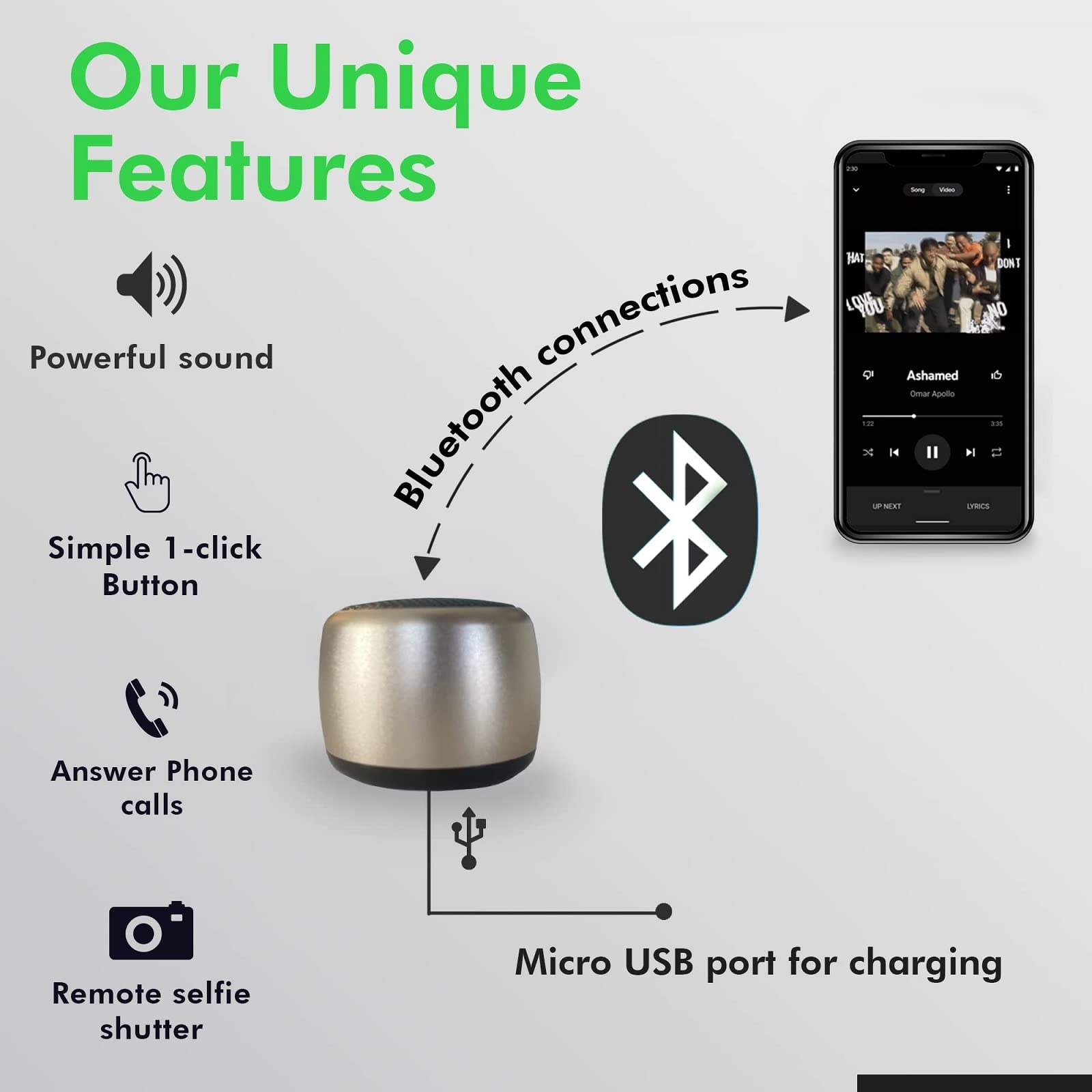 El Mejor Mini Altavoz portátil Bluetooth con Sonido HD y Graves I Altavoces Bluetooth inalámbricos más pequeños para teléfono/PC/Tablet, botón de Foto, Selfie, Respuesta a Llamadas de teléfono, Lindo