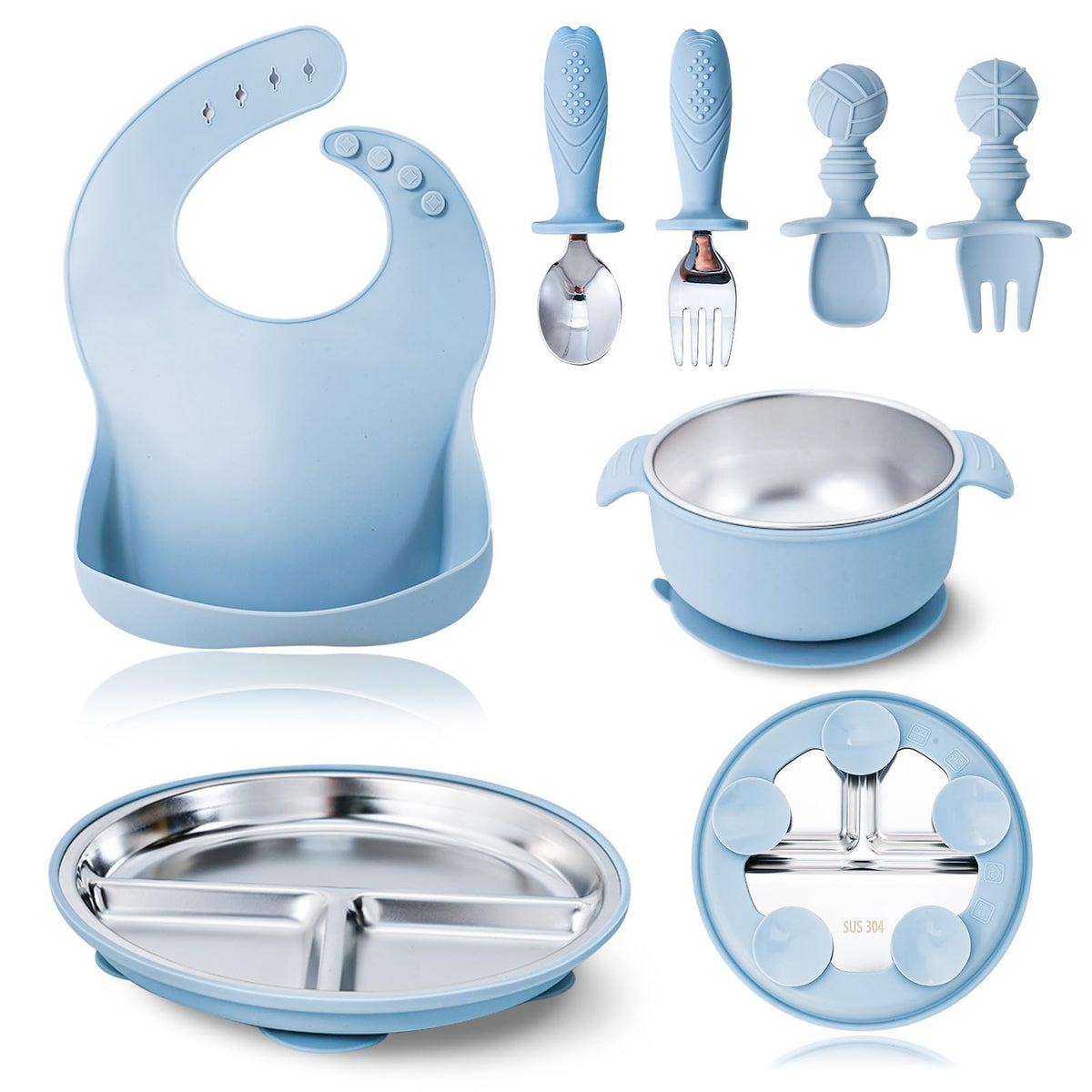 Juego de 7 piezas de acero inoxidable 304 para bebés y niños pequeños, platos divididos con succión, cuencos, tenedor de cuchara de silicona y acero inoxidable, babero de bolsillo irrompible, apto