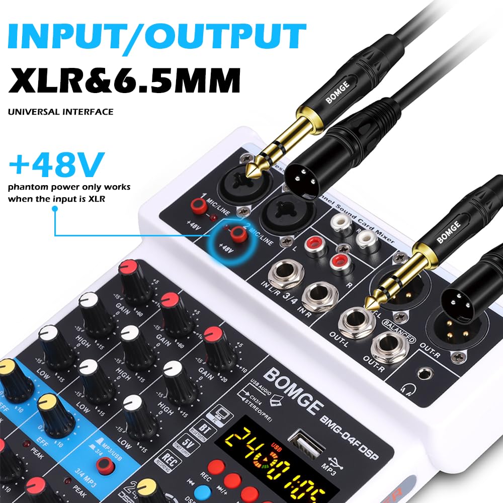 BOMGE - Mini mezclador de sonido para DJ de 4 canales con MP3, USB, Bluetooth, grabación estéreo, alimentación fantasma de 48 V, 24 DSP para karaoke, actuación, canto de iglesia, transmisión de podcas