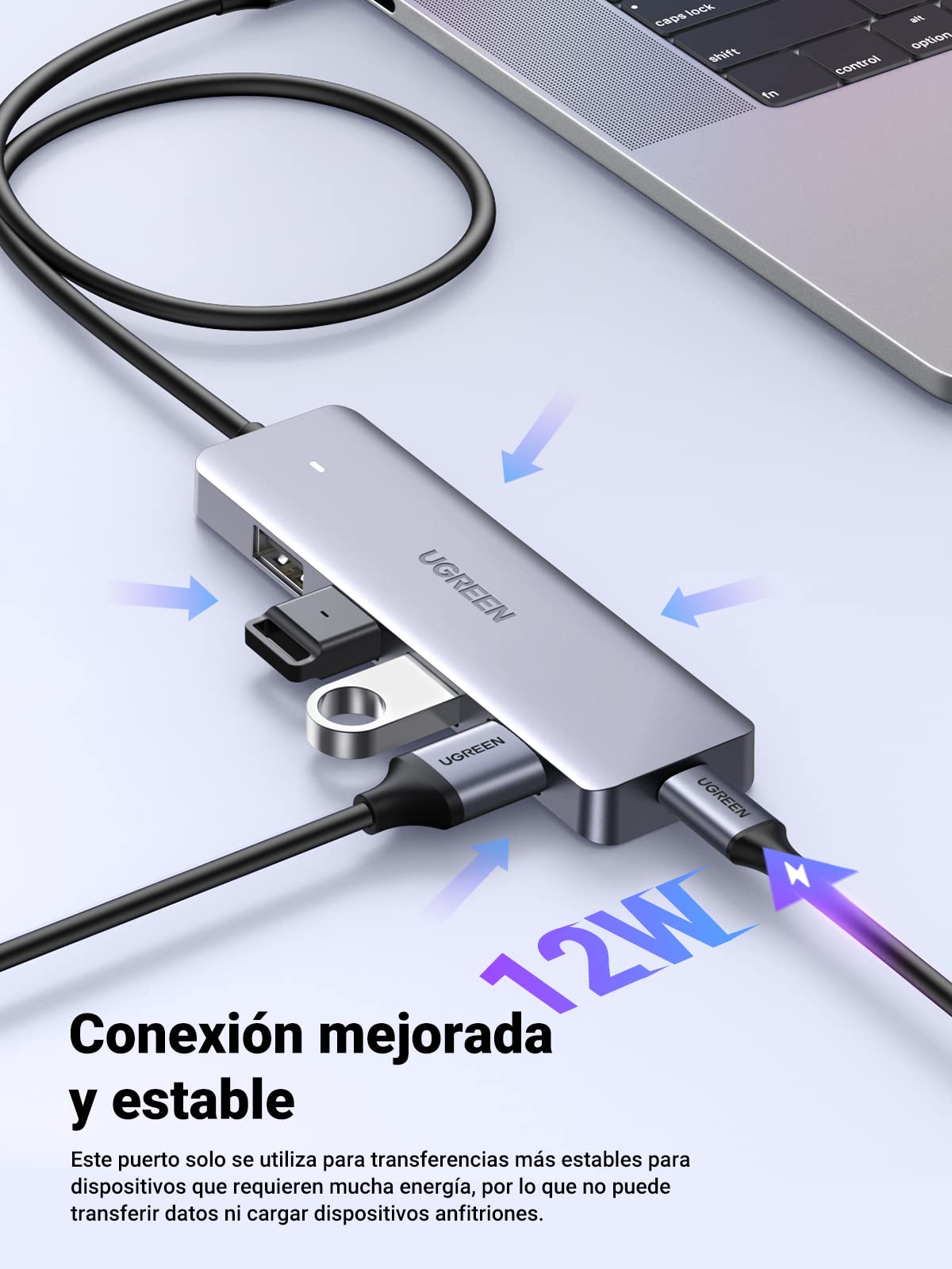 UGREEN HUB USB C, Adaptador Tipo C a 4 USB 3.0 Puertos de 5 Gbps Compatible con iPhone 16 15 Macbook Pro Air iMac iPad Chromebook Pixelbook XPS Galaxy y Más Dispositivos Tipo C 60 CM