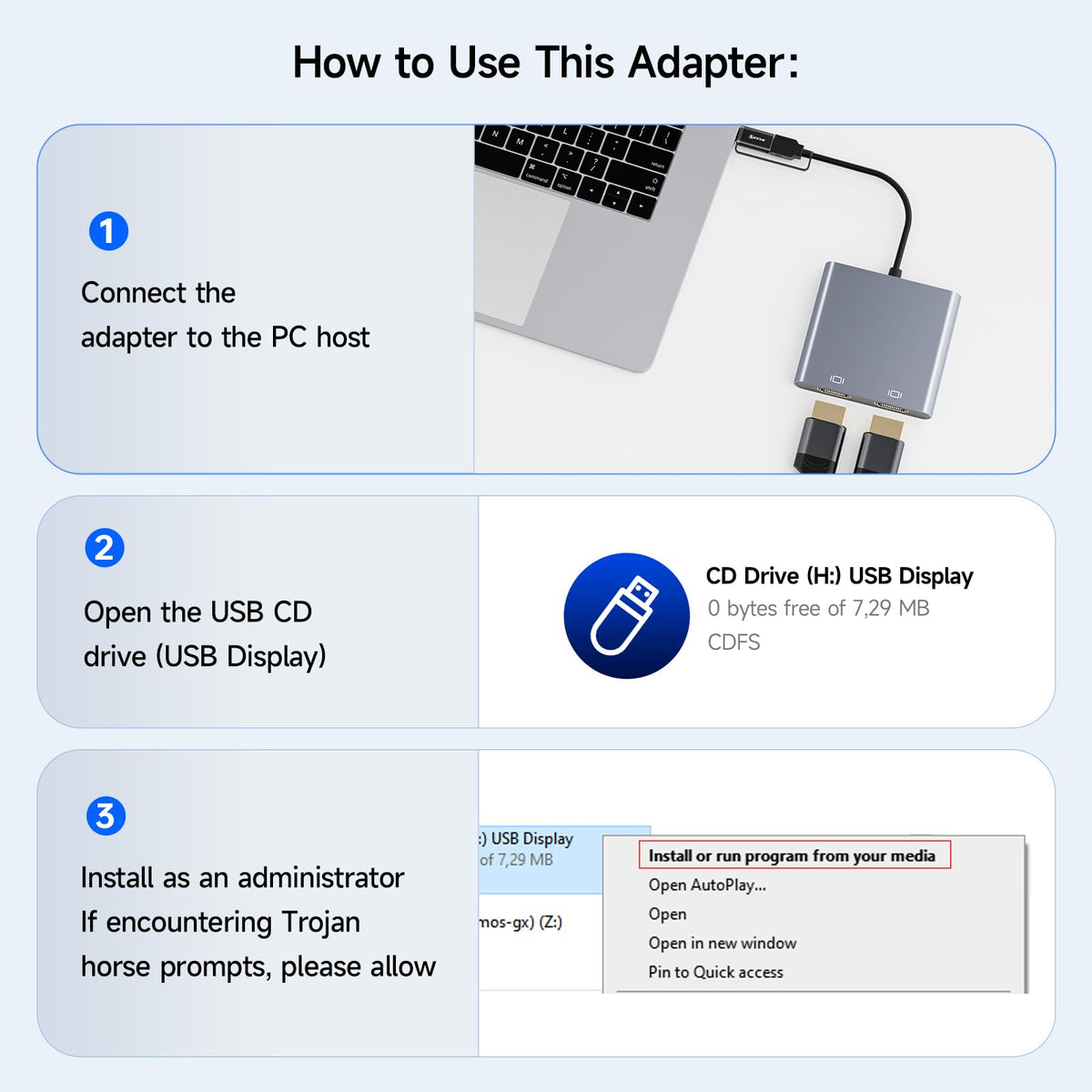 Adaptador USB a HDMI Dual KCEVE en Negro con Multipuerto Splitter Compatible con 1080p para Windows y M1/M2 Mac OS