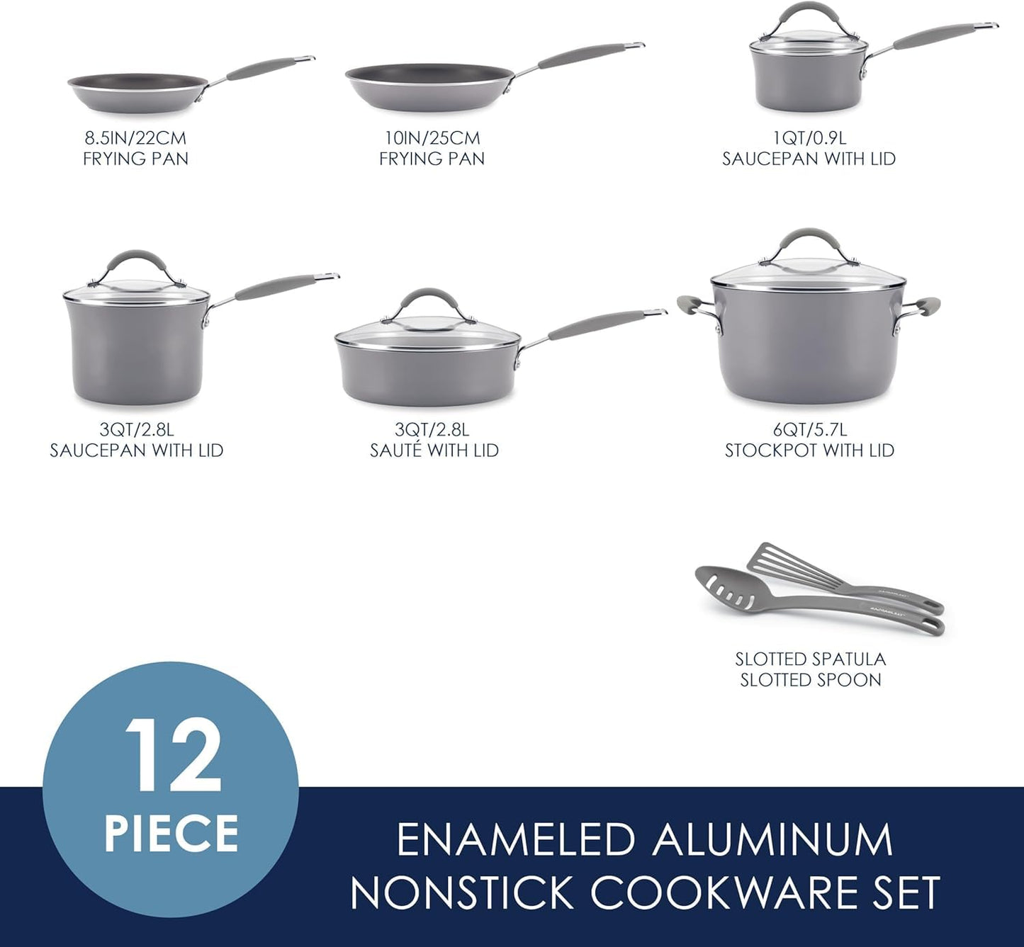 Juego de Cocina Antiadherente de Porcelana Esmaltada Dura Rachael Ray Sea Salt Gray 12 Piezas