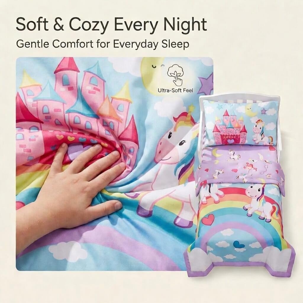 EVERYDAY KIDS - Juego de ropa de cama de 4 piezas para niños pequeños – Unicorn Dreams – Incluye edredón, sábana encimera, sábana bajera ajustable y funda de almohada reversible