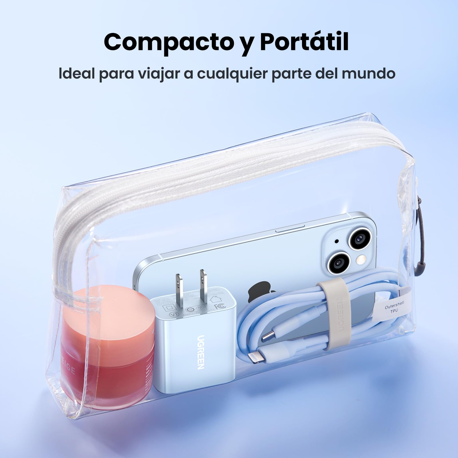 Cargador USB Tipo C UGREEN 20W Azul con Carga Rápida para iPhone y Galaxy