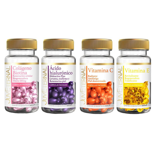 JUVETERNAL KIT Cápsulas Faciales Colágeno Biotina + Cápsulas Faciales Ácido Hialurónico + Cápsulas Faciales Vitamina E + Cápsulas Faciales Vitamina C