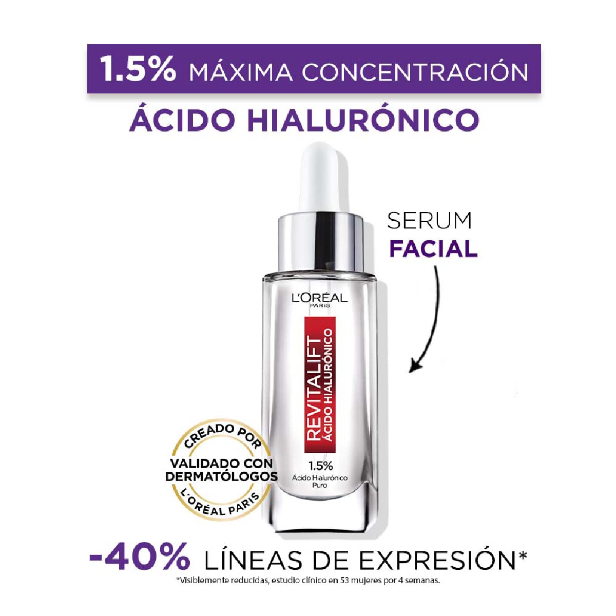 L'OREAL PARIS Kit Ácido Hialurónico serum+ serum ojos+ crema dia+ crema noche, Blanco, 4 unidad + L'Oreal Paris Serum Facial Anti Arrugas Acido Hialuronico Revitalift L'Oreal Paris