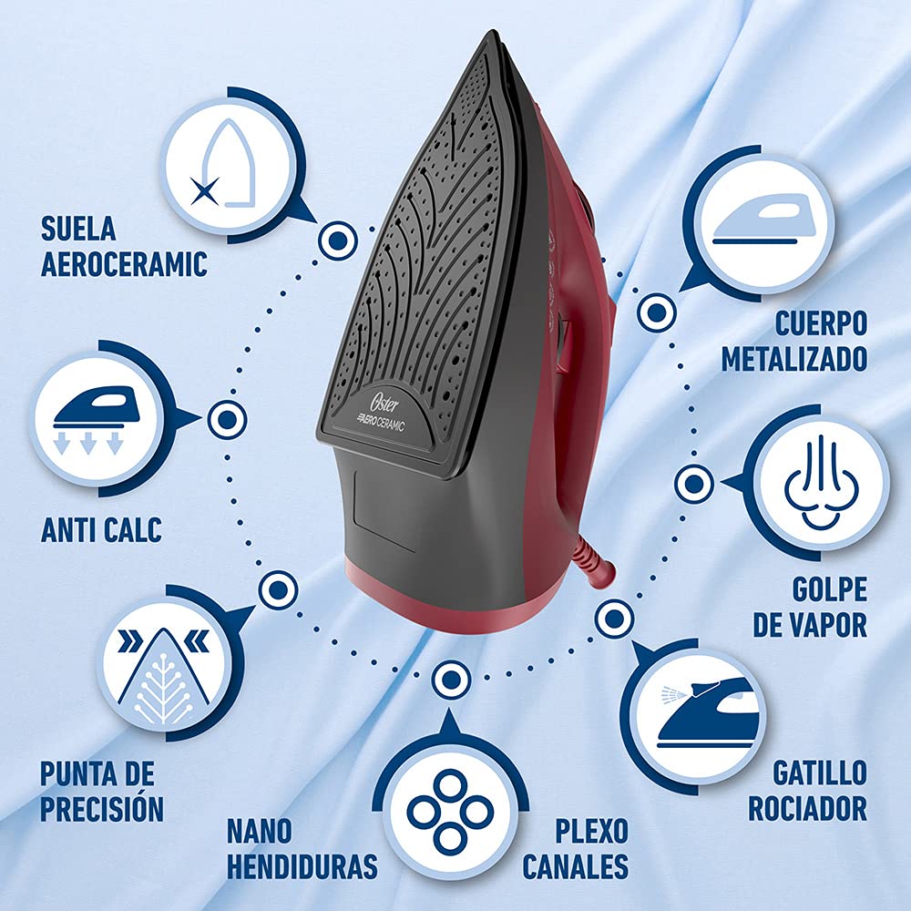 Plancha de Vapor Oster roja con Suela de Cerámica y Máxima Distribución del Vapor