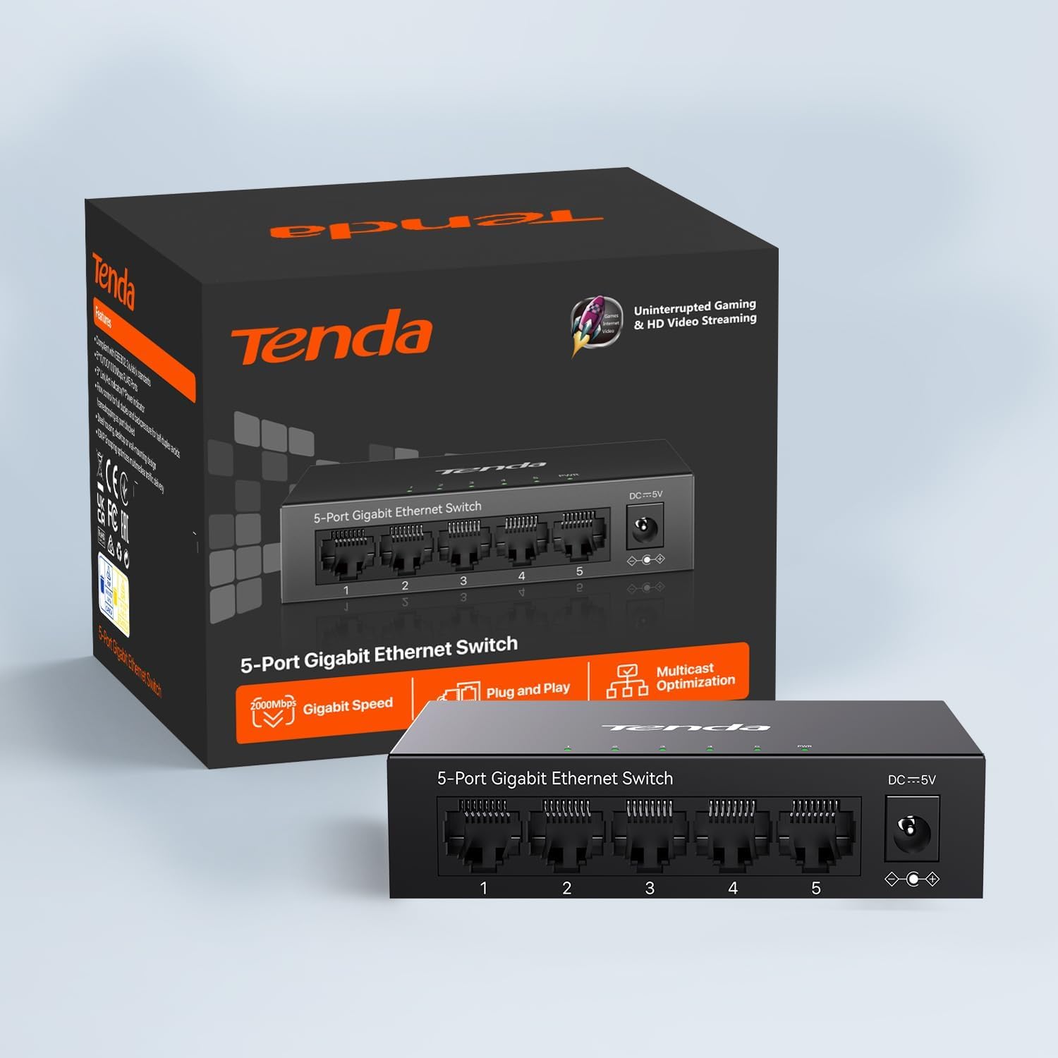 Tenda TEG1005D Conmutador Gigabit de 5 Puertos, Conmutador Ethernet no gestionado, Divisor de Red con optimización de tráfico, Plug & Play, Conmutador de Red de diseño metálico sin Ventilador