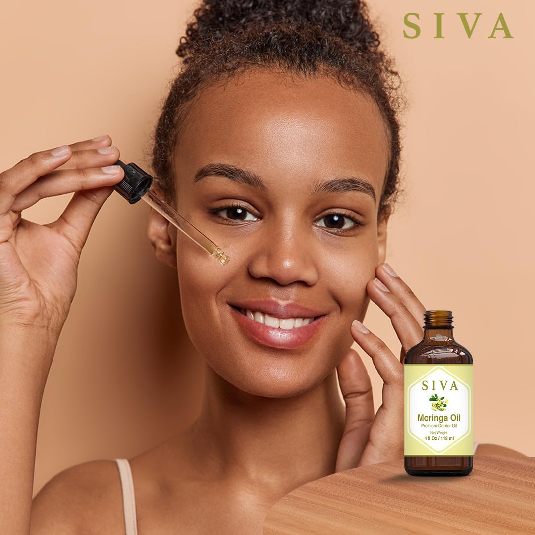 SIVA ORGANICS- Aceite portador de moringa SIVA 4 oz (118 ml) Aceite portador premium con gotero para el cuidado de la piel, el cuidado del cabello, Sca