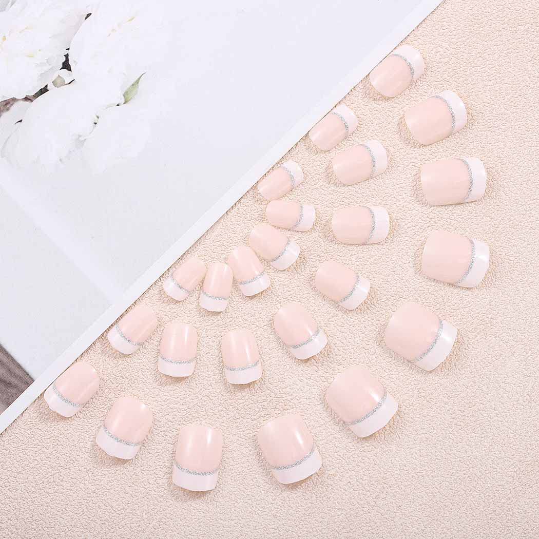 Chicque 24 uñas postizas cuadradas cortas con purpurina rosa brillante, cubierta completa, uñas falsas de boda para mujeres y niñas