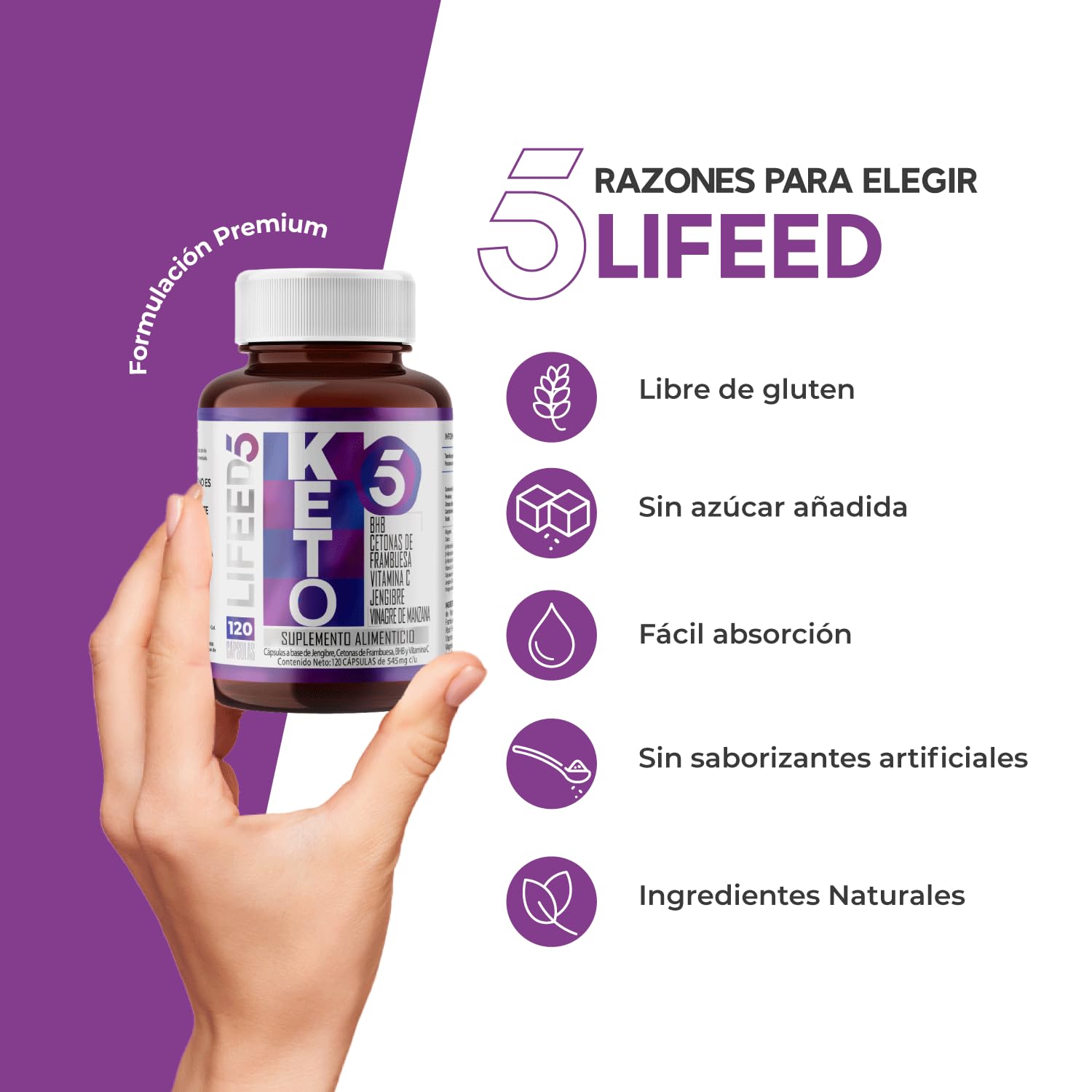 LIFEED KETO | Suplemento con Cetonas de Frambuesa, BHB y Vinagre de Manzana | Multivitamínico Keto con Jengibre y Vitamina C para Hombres y Mujeres | 120 Cápsulas para 120 Días, 1 Cápsula al Día