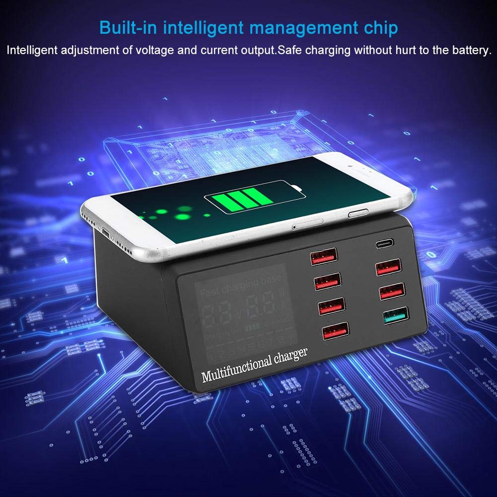 fosa1 Cargador inalámbrico de Pantalla Digital Inteligente, Cargador inalámbrico de Puertos múltiples QC3.0 Hub de estación de Carga de Escritorio con Puerto USB QC3.0(Negro US)
