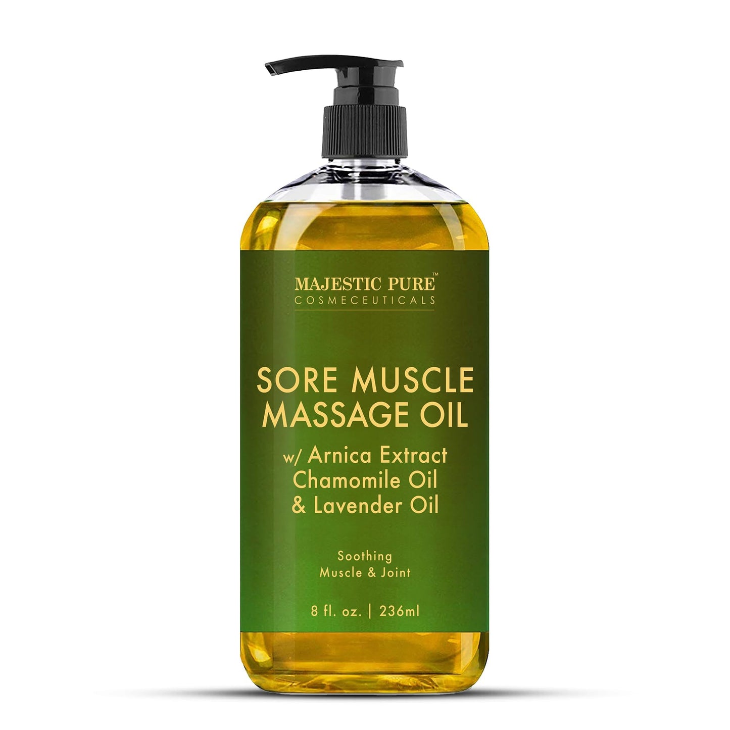 MAJESTIC PURE Aceite de masaje muscular Arnica Sore para articulaciones y músculos por Majestic Pure – Alivia el dolor, los músculos cansados, nutritivo e hidratante, 8 onzas líquidas. Oz, Paquete individual