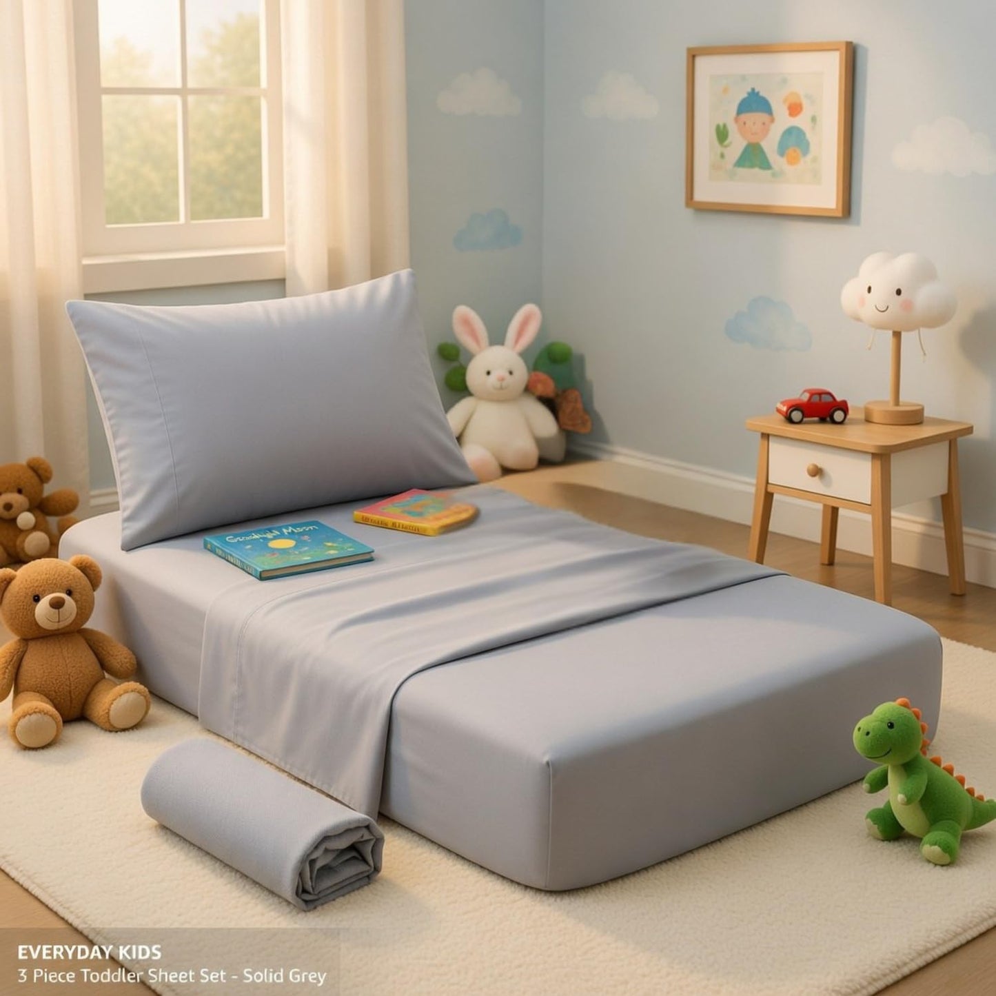 EVERYDAY KIDS - Juego de sábanas de 3 piezas para niños, ropa de cama de microfibra suave y transpirable, incluye una sábana encimera, una sábana bajera ajustable y una funda de almohada, color gris