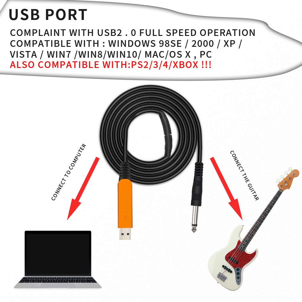 Cable USB YESPURE Dorado para Guitarra Compatible con PC, Mac, Xbox, PS4, PS3, PS2