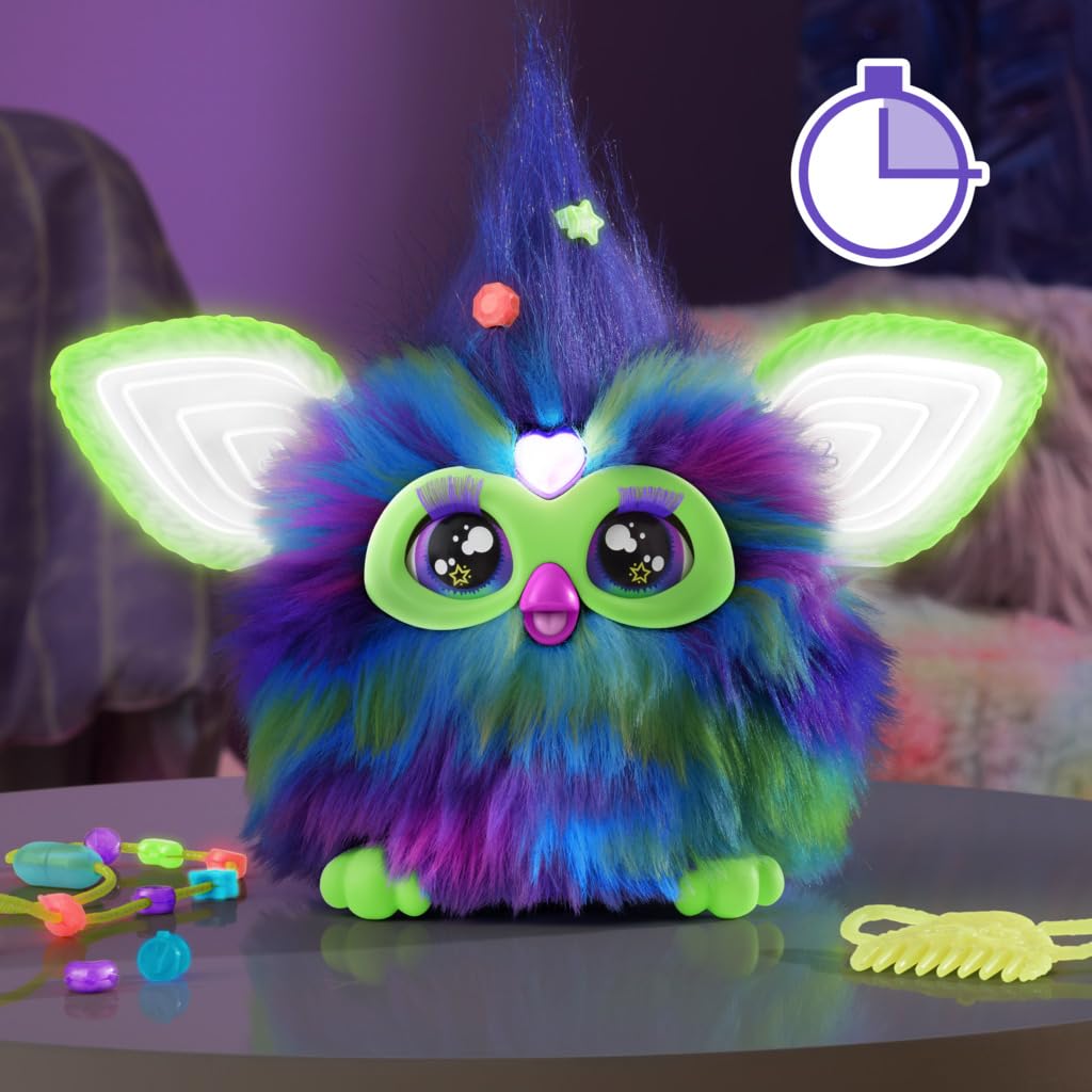 Furby Galaxy Edition Juguete de Peluche Interactivo, Incluye 15 Accesorios de Moda, Brilla en la Oscuridad, Habla, Canta y se Ilumina para niños y niñas, + 6 años
