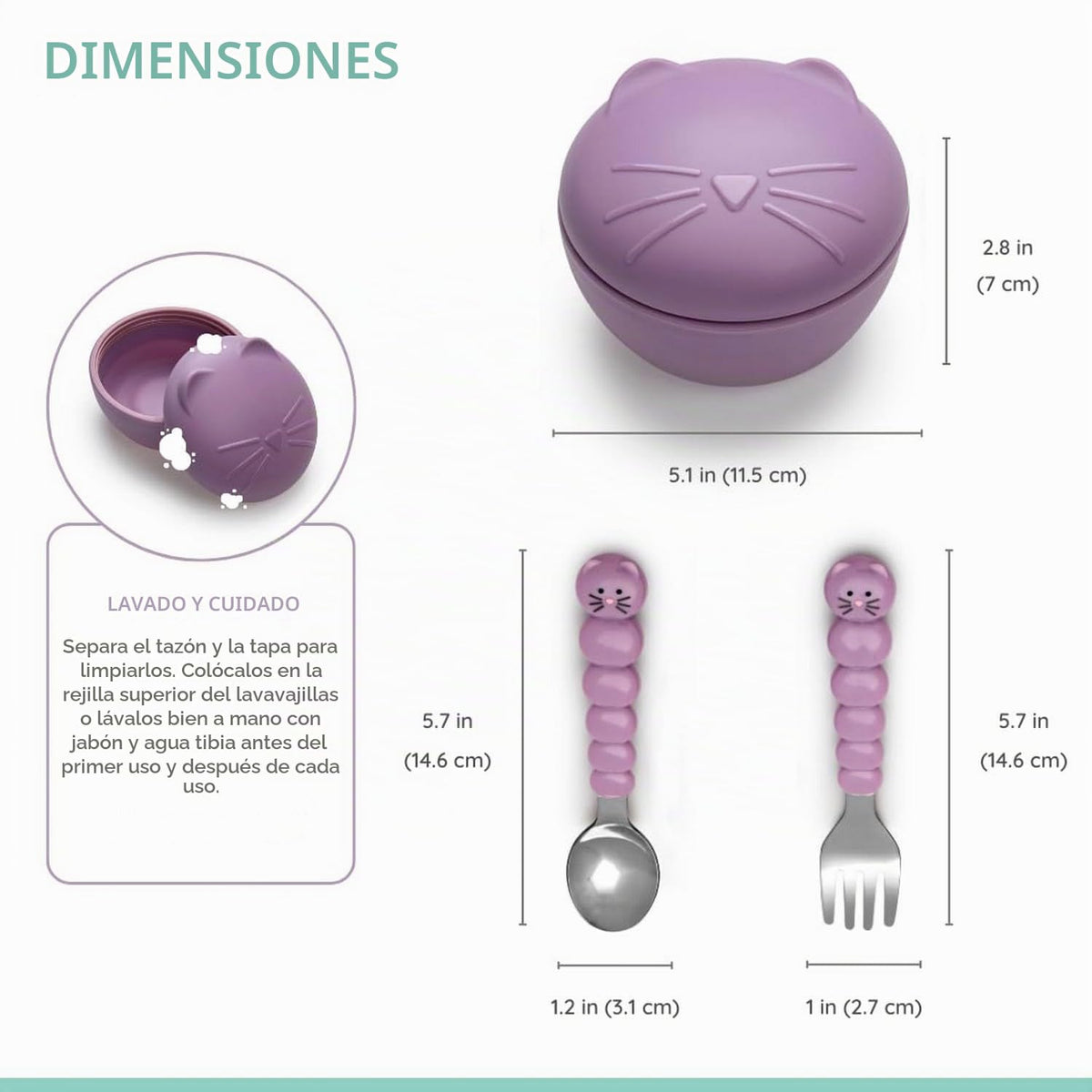 melii Cuenco de silicona con tapa y utensilios de acero inoxidable – Almacenamiento de alimentos a prueba de fugas y sin BPA para bebés, niños pequeños y n Utensilios para gatos