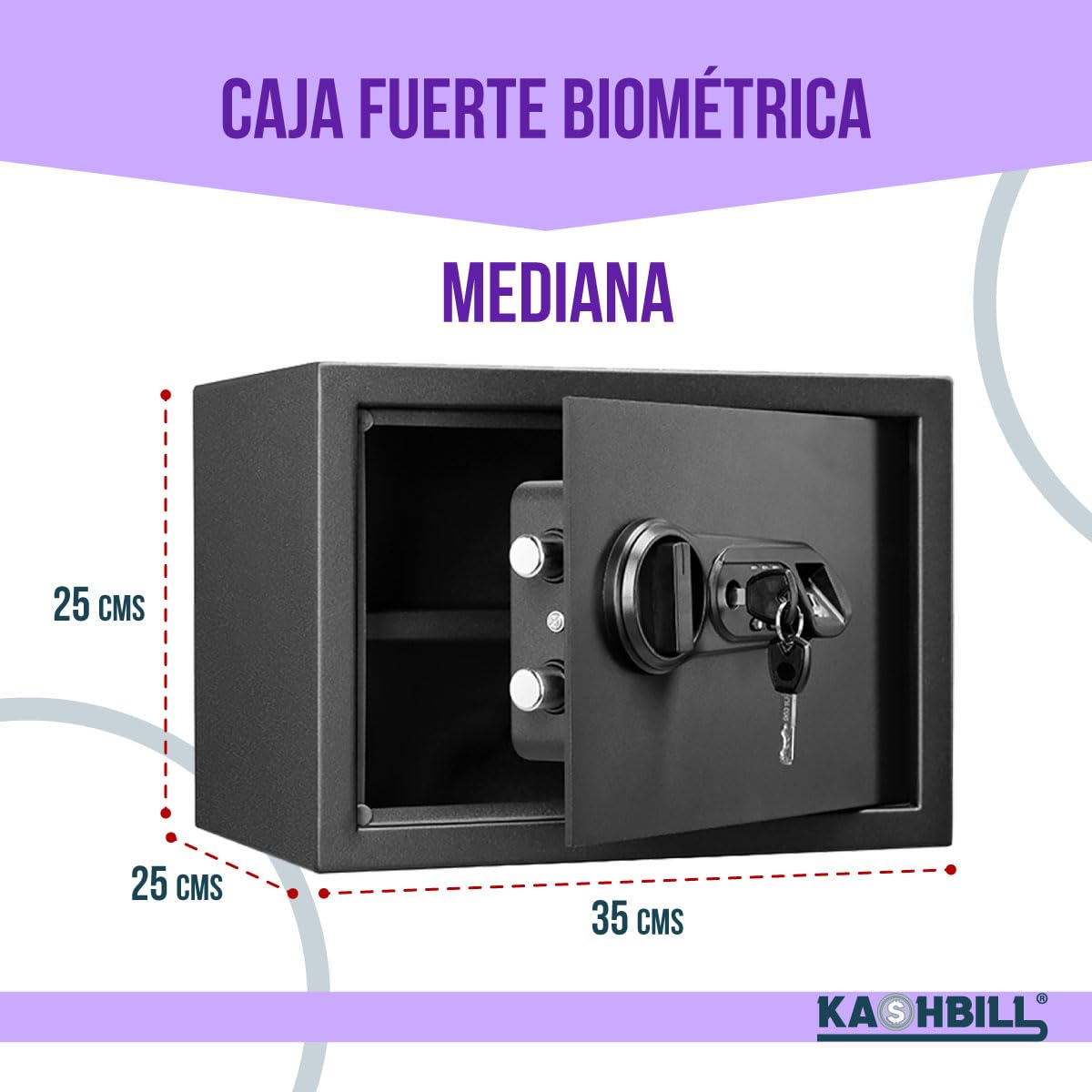KASHBILL Caja Fuerte Mediana Biométrica 25x35x25 cm Modelo CFB02 con Cierre de Huella Digital y Llave de Emergencia, Ideal para Seguridad en Hogar y Oficina