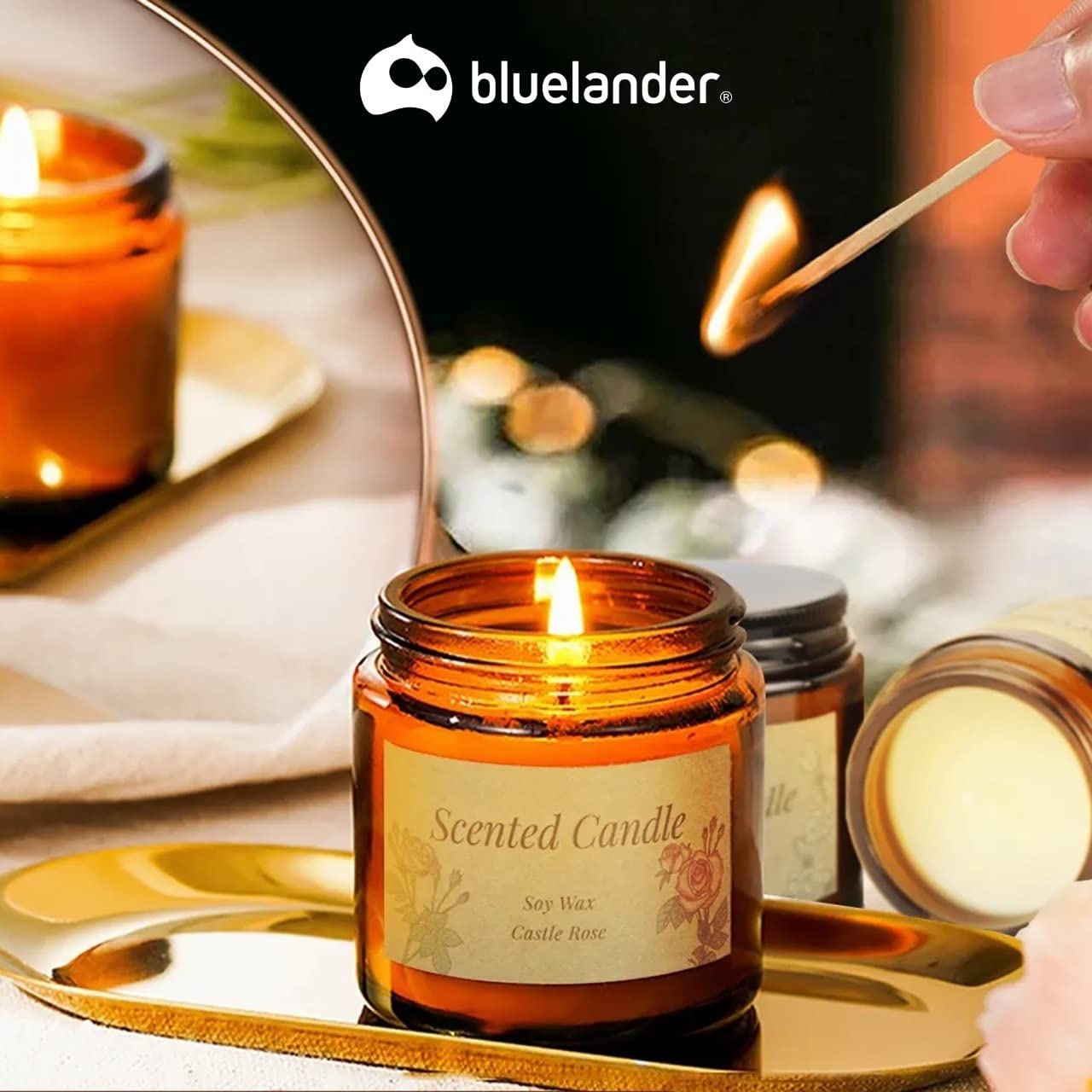 Bluelander Set de 6 Velas Aromaticas Decorativas, Velas de 3.5 Oz, 100% Cera Pura de Soya, Velas Relajantes Olor Vainilla, Campanilla, Lavanda, Rosas, Cítricos y Jazmín (6 Piezas (Todos Los Aromas