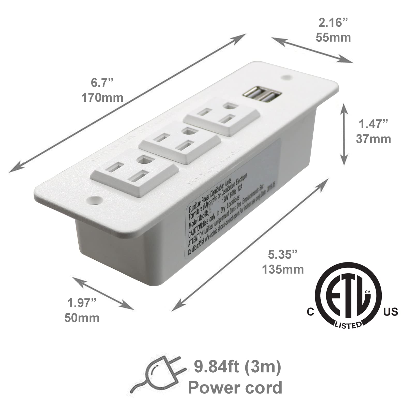 Regleta Tira de Energía Empotrado Oculto Montado 3 Tomas de Tierra Salida 2 USB con Interruptor 3 Metros de Cable de Alimentación para Escritorio Mesa de Conferencias Gabinete Sofá (3AC&2USB White)
