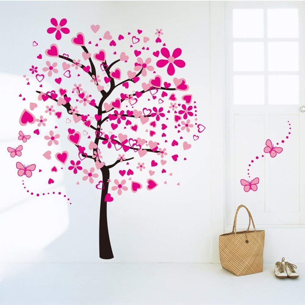 LiveGallery Adhesivos de pared extraíbles enormes de corazón rosa con flores de dibujos animados, mariposas rojas, calcomanías de pared de árbol, decoración de arte para casa, habitación de niñas