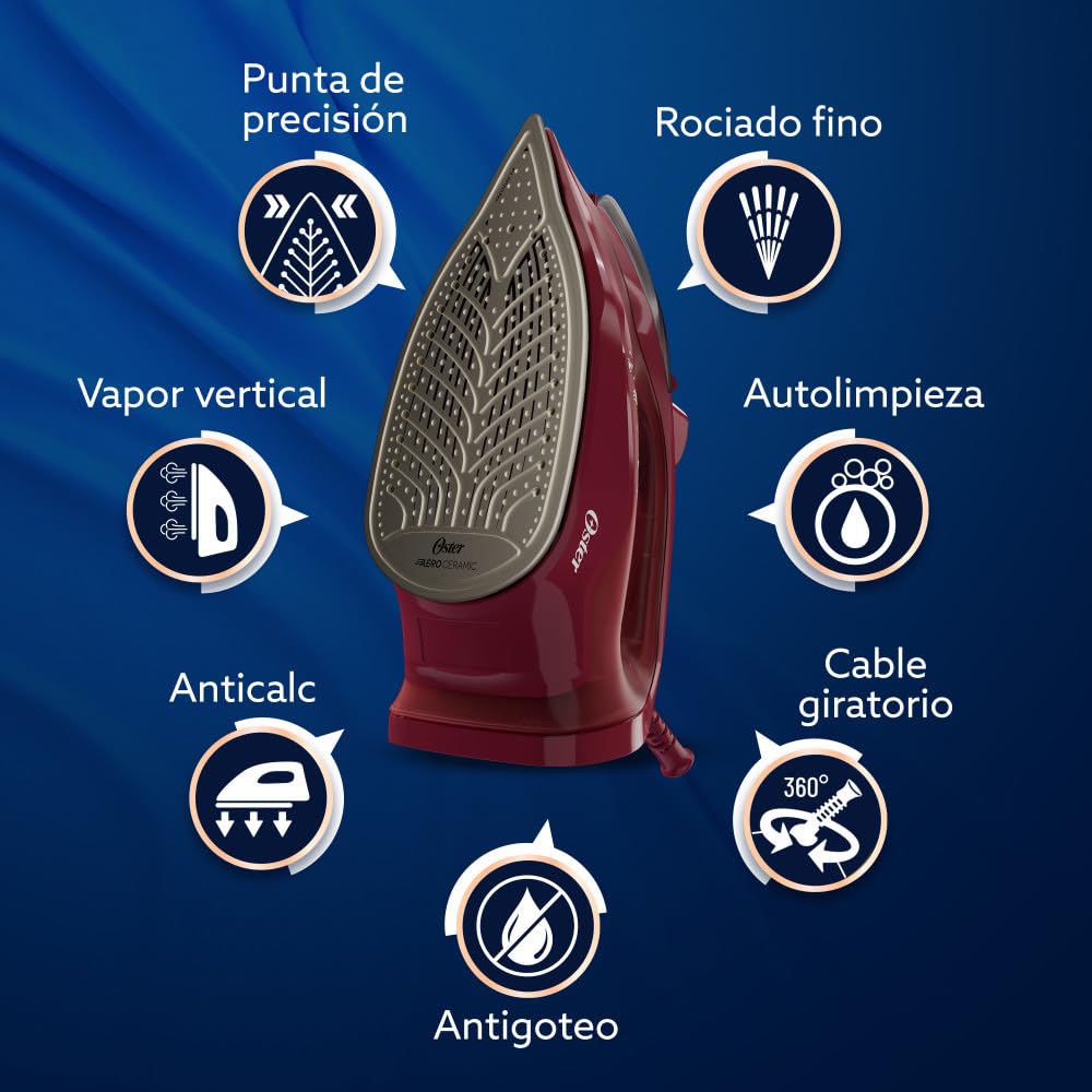 Oster Plancha de Vapor, AeroGlide S7200, con Golpe de Vapor 180 g/min, Recubrimiento Metálico Cerámico, Suela con más Cobertura, Tecnología Aeroceramic, Antigoteo, Rojo, GCSTAC7201-013