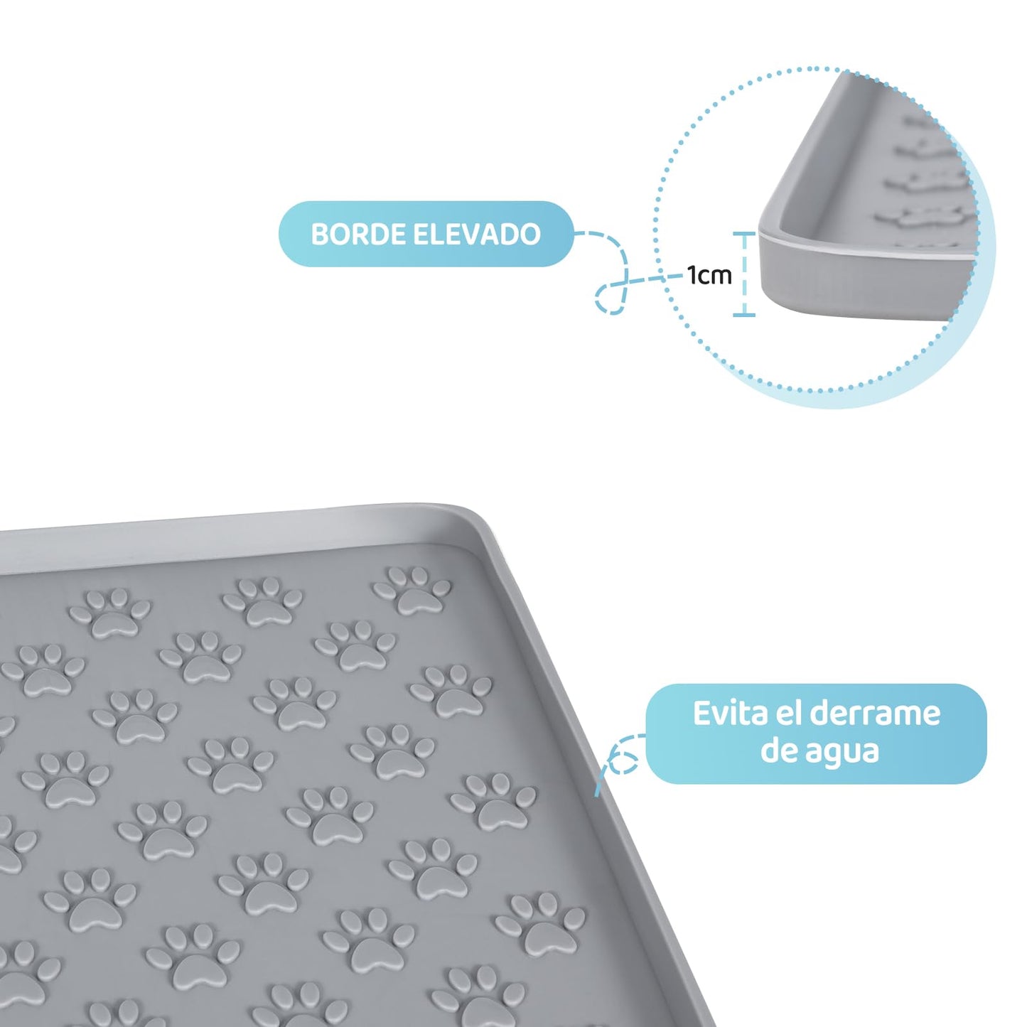 Tapete de Silicona Antideslizante para Comida de Gatos y Perros 47 x 30 cm Gris Impermeable y Fácil de Limpiar