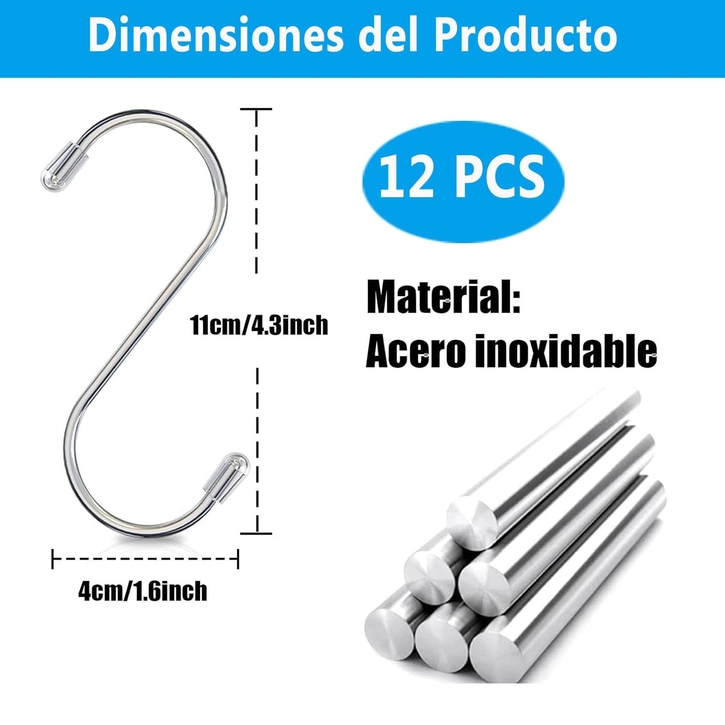 Ganchos Colgantes de Acero Inoxidable en Forma de S de 11 cm para Almacenamiento en Baño y Cocina