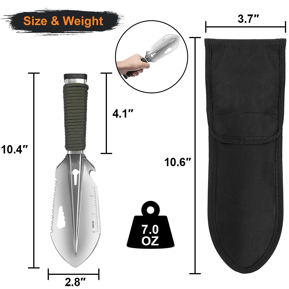 FLYEGO - Paleta de mochilero, ligera, accesorios para camping, senderismo, pala, pala de mano, ultraligera, con bolsa de transporte para detectar metales, excavar, jardinería, exterior (plata) 9 en 1