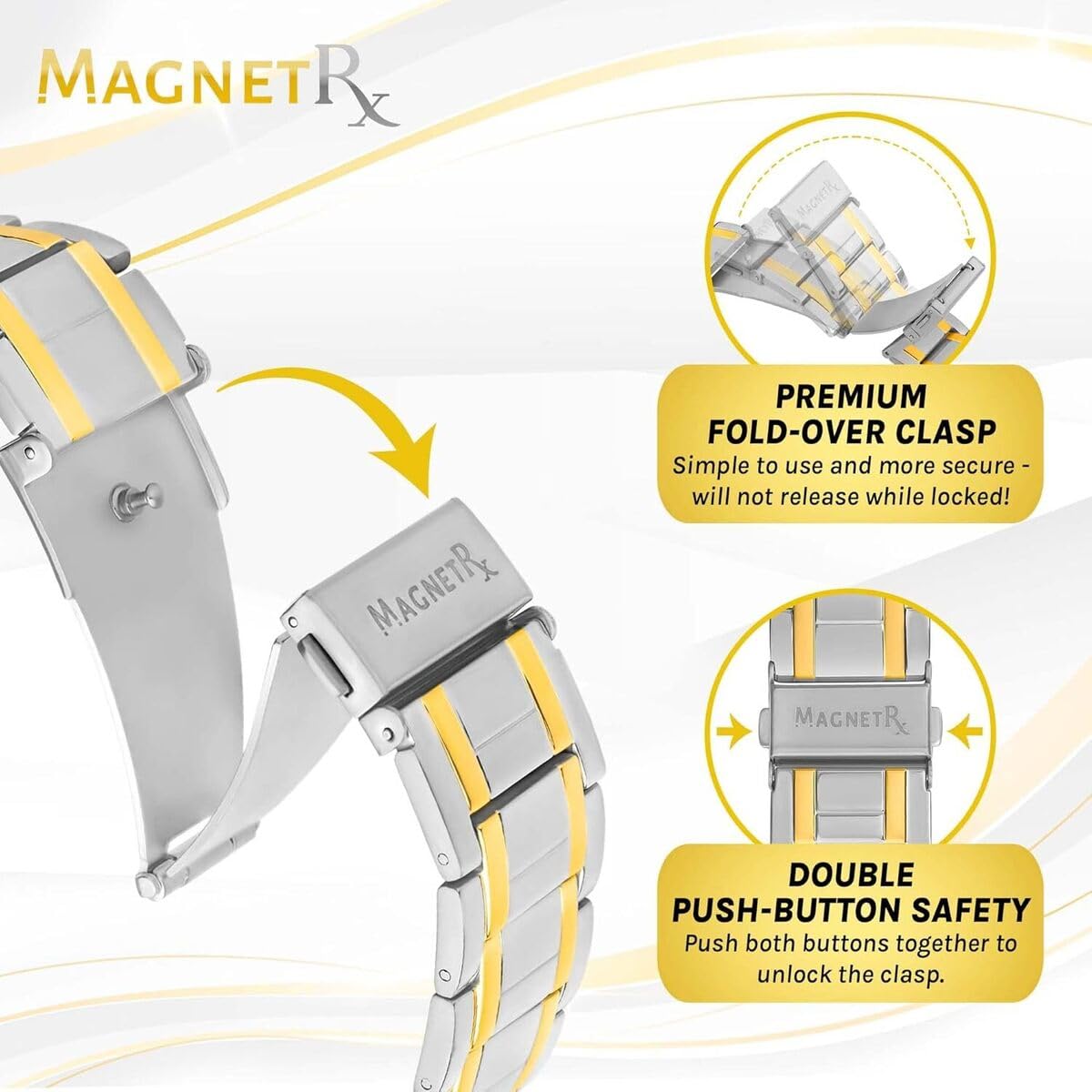 MagnetRX® Titanium Magnetic Bracelet – Magnetic Bracelets for Men – Premium Fold-Over Clasp & Adjustable Length with Sizing Tool (Silver & Gold)