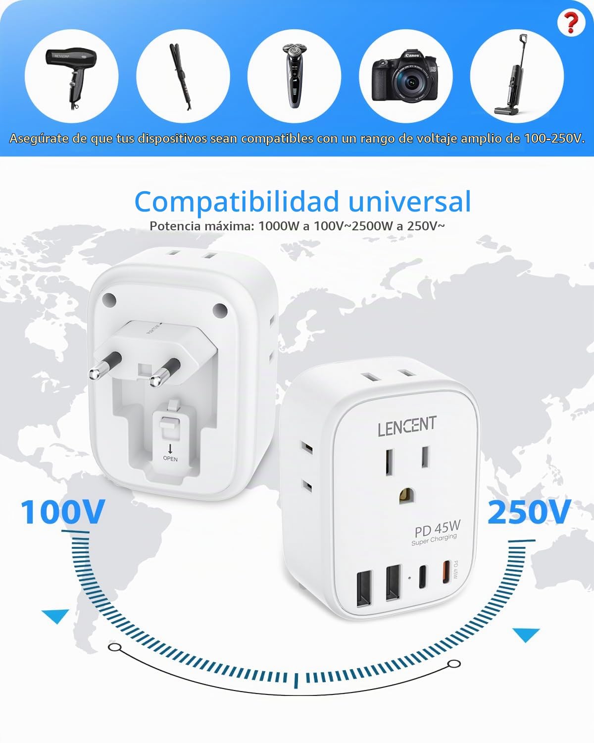 Adaptador de Viaje LENCENT Europeo Tipo C Plegable PD45W 4 Tomas