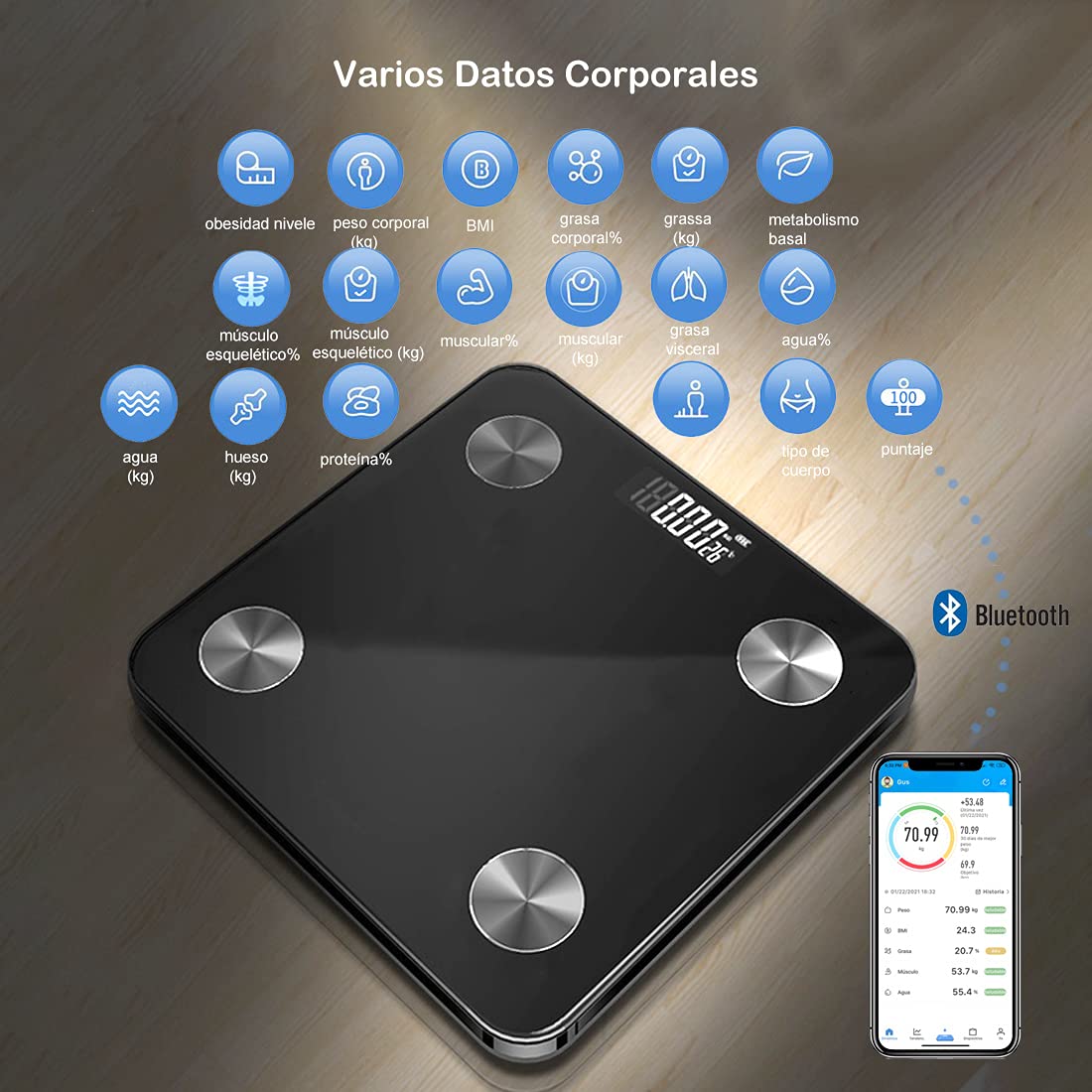 GGTT Bascula Digital Corporal y Muscular, Balanza Inteligente, Conexión via Bluetooth al App, Pesos de Hasta 180 Kg, Precisión Hasta 0.01Kg, Soporta Recordar Datos de 8 Usuarios (Negro)